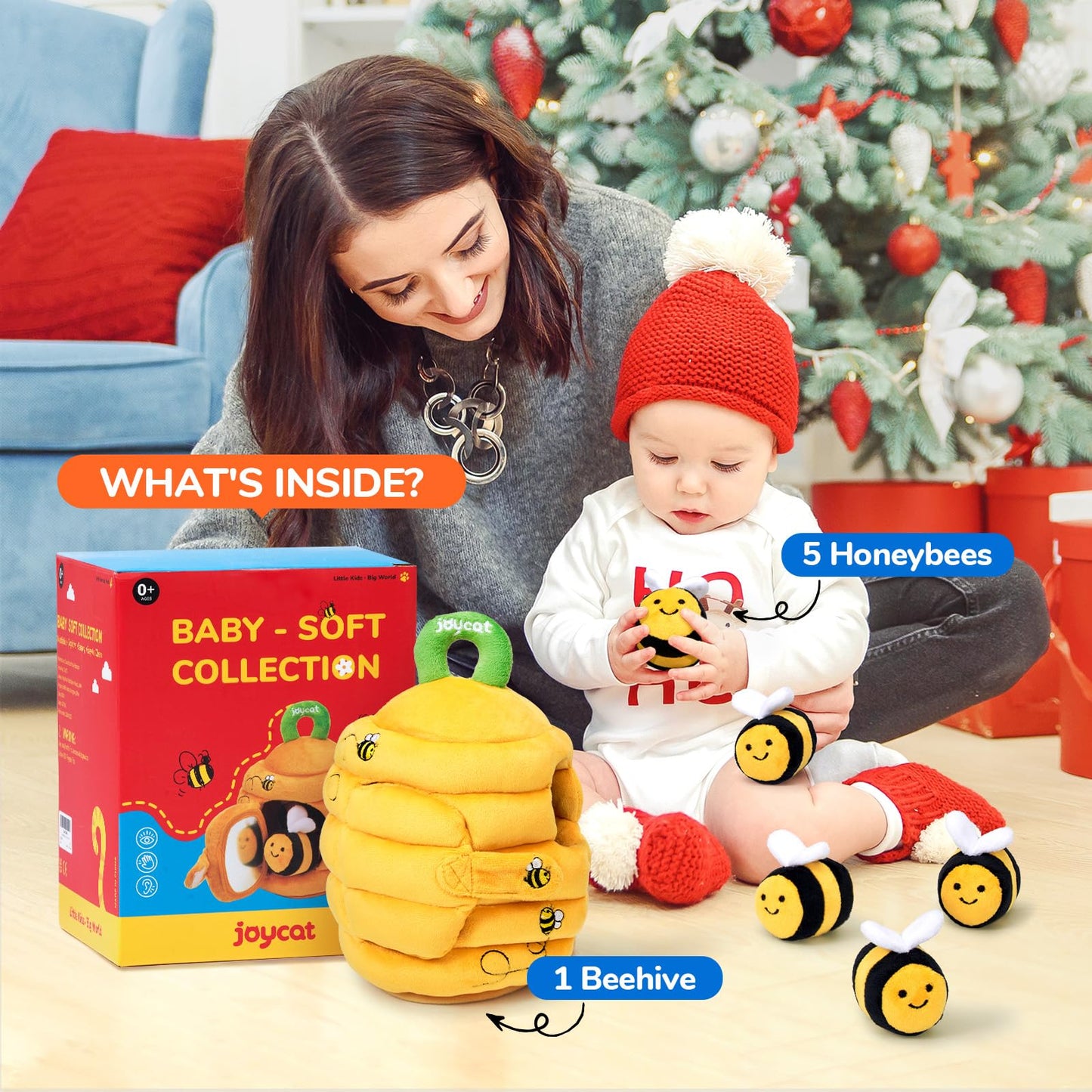 JoyCat Mystery Soft Box+Soft Baby Beehive with 5 Soft Sensory Bees - Honeybee Plush Toy for 0-12 Months - Rattle, Crinkle Paper, Squeaker, Mirror, Busy Toy for Babies 6-12 Months, 0-3 Years Old