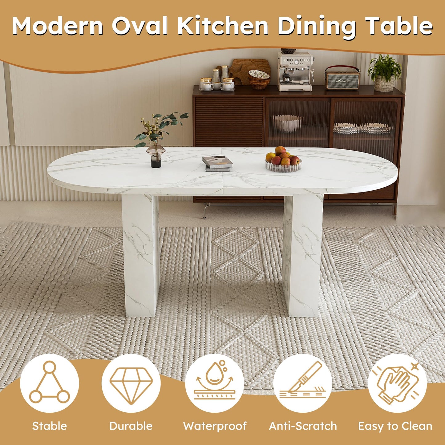 KEIKI 63" Oval Dining Room Table, Modern Farmhouse Dining Table for 6, Kitchen Table with Marble Top and Sturdy Wood Metal Base, Scratch Resistant Surface, White Marble