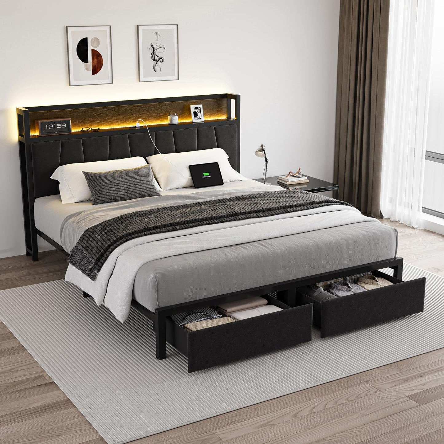 CIKUNASI Queen Size Bed Frame with Headboard and Storage Drawers Platform Bed Frame with Storage Chargin Station LED Light Bedframe Heavy Duty No Box Spring Needed