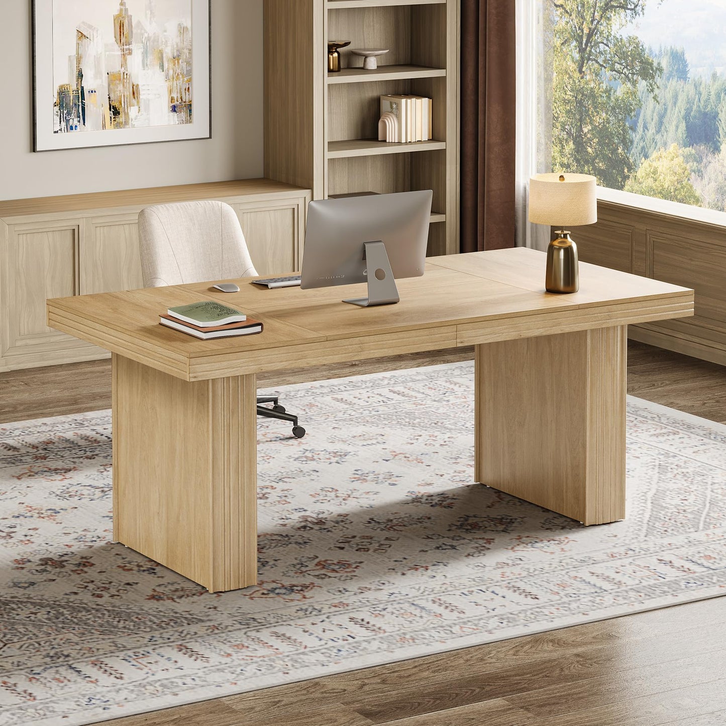 Tribesigns 63" Executive Desk, Modern Executive Office Desk with Thickened Desktop and Heavy-Duty Legs, Wood Writing Workstation Study Table Conference Table for Office, Natural
