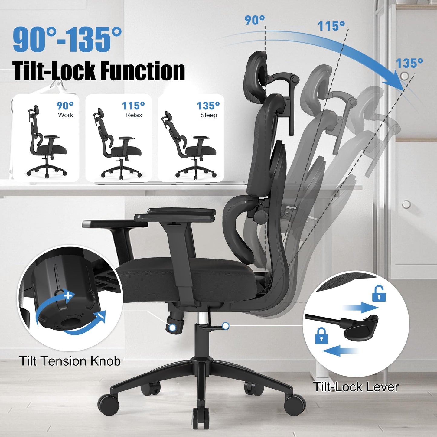 Ergonomic Office Chair with Adjustable Lumbar Support, 3D Arms and Headrest, High Back Wide Desk Computer Chair with Wheels, for Home & Office, Black