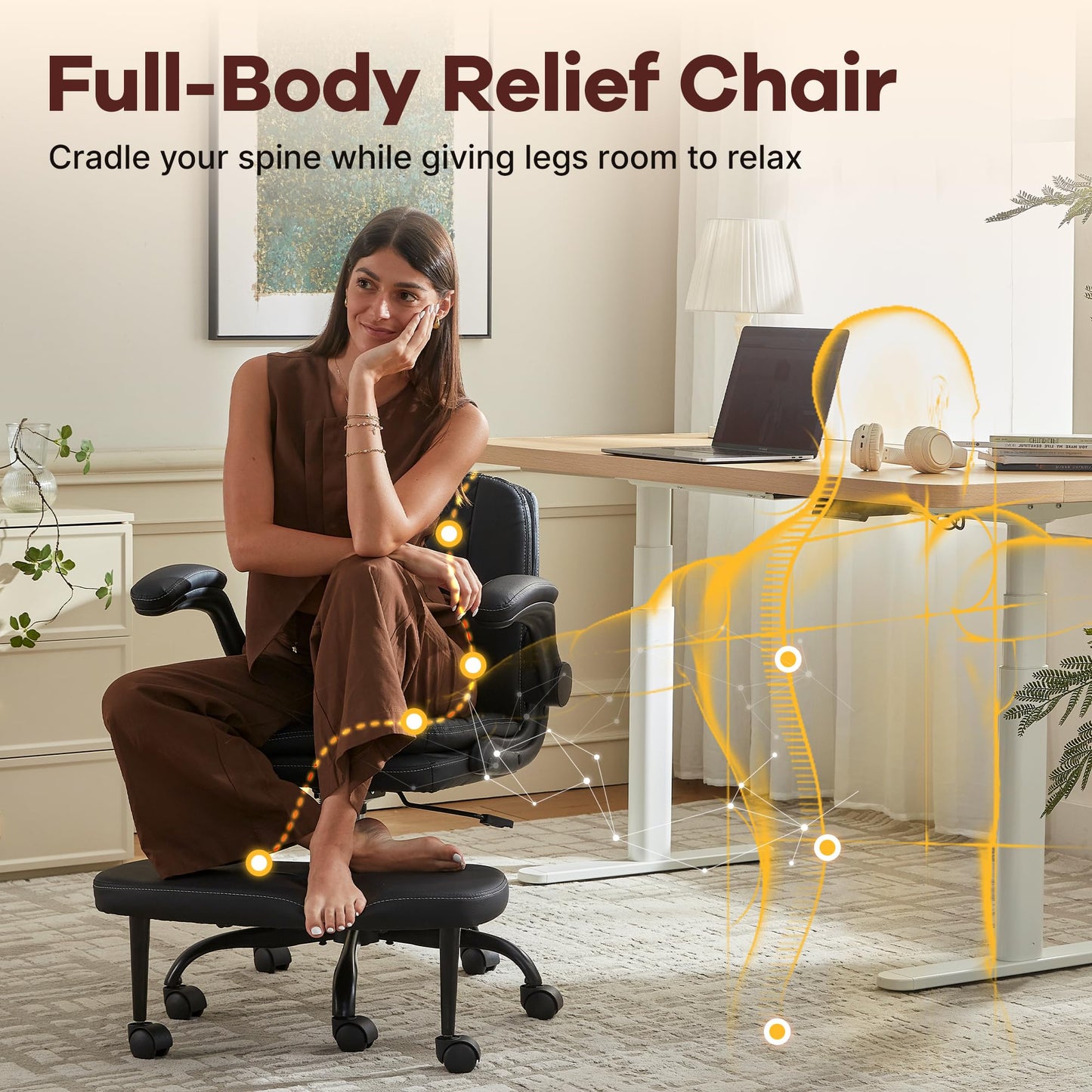 AreShark Cross Legged Office Chair,ADHD Criss Cross Desk Chair with Wheels & Stretchable Rotating Footrest,Height Adjustable Wide Yoga Kneeling Meditation Chair with Flip-up Armrests Back Support