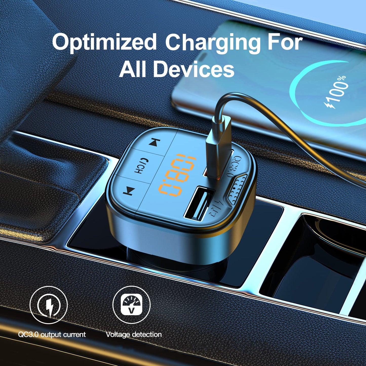 Bluetooth Adapter for Car，Bluetooth FM Transmitter for Car,MP3 Player QC3.0 Quick Charge for All Smartphones Audio Players，Supports TF/SD Card and USB