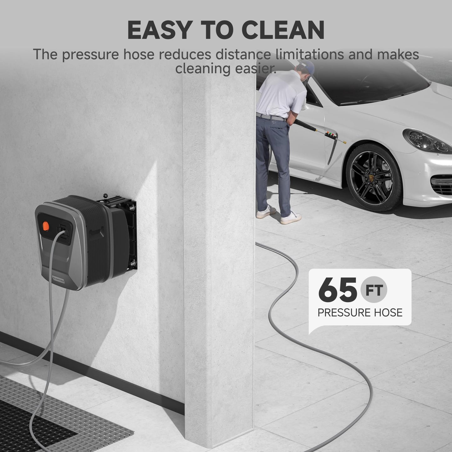 Giraffe Tools Grandfalls Retractable Pressure Washer G20, 2500 PSI 2.2 GPM, Wall Mounted with 65FT Hose Reel, 4 Nozzles for Floor/Cars/Fences/Patios, Dark Silver Case with Grey Pressure Hoses