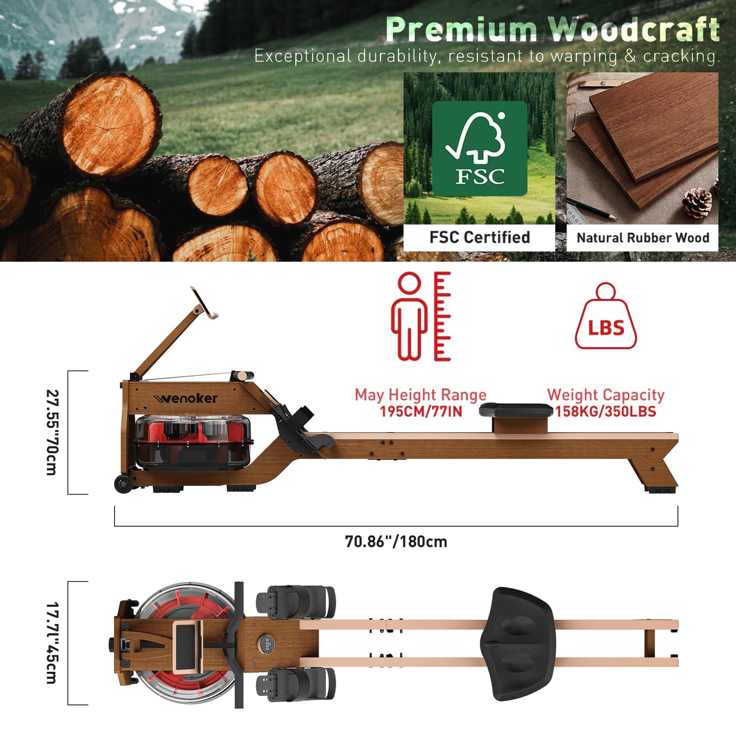 WENOKER Water Rowing Machines for Home Use, Rower Machine with Smart Electronic Knob,Wooden Row Machine with LCD Monitor & Comfortable Seat, Bluetooth App Compatible for Home Gym Exercise 350 LBS
