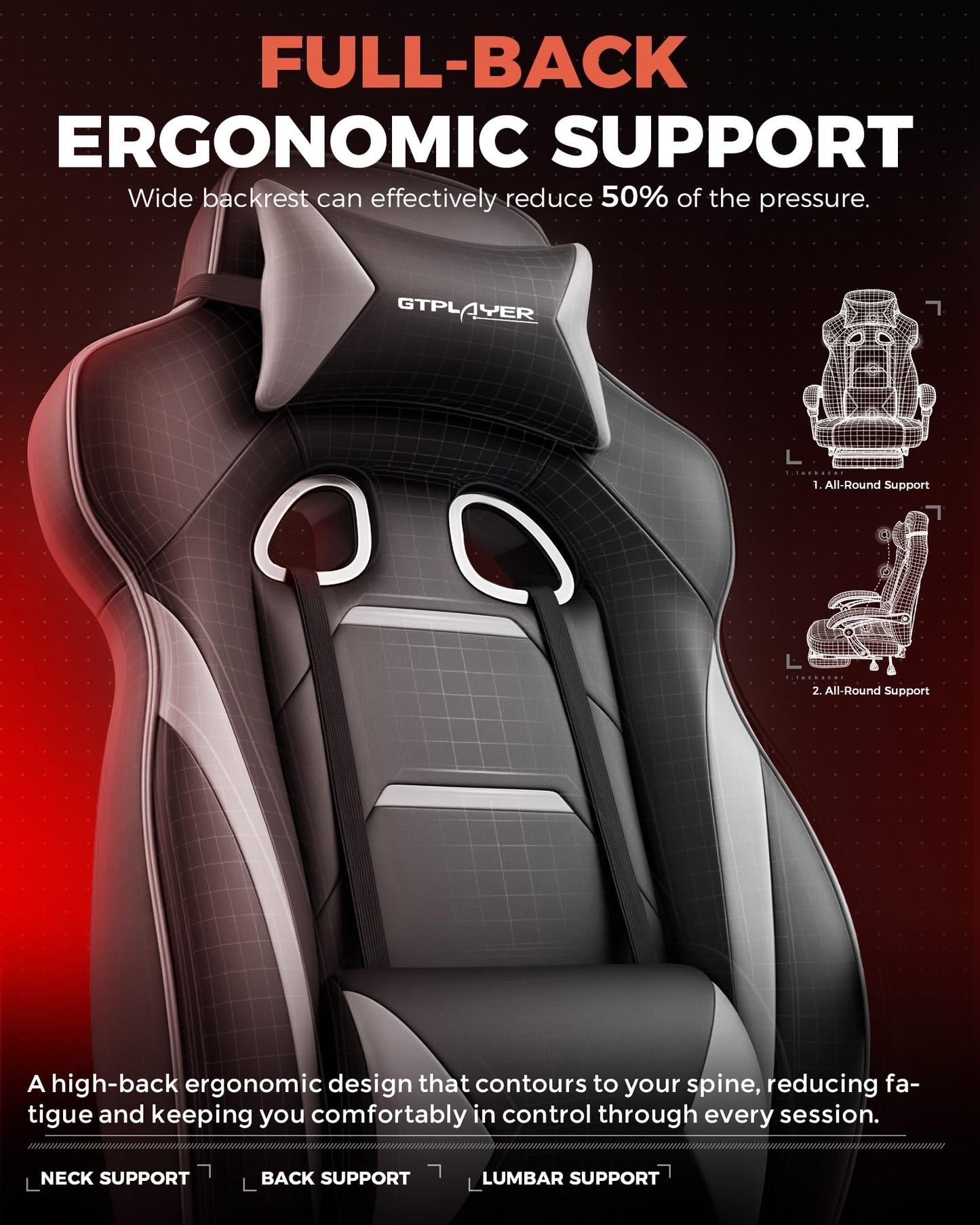 GTPLAYER Gaming Chair with Footrest, Big and Tall Game Chair 350lb Racing Style Computer Chair, Ergonomic Executive Office Chair High Back with Lumbar Support and Recliner, Light Gray