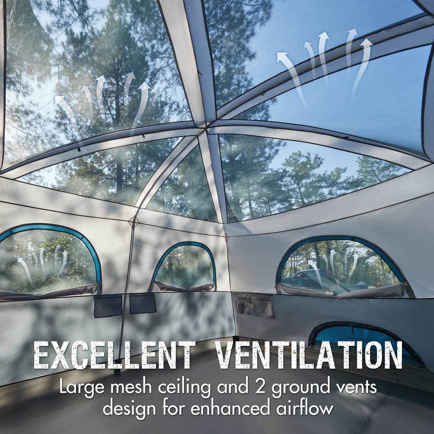 Portal 10 Person Camping Tent with Porch, Big Family Cabin Tent with 2 Rooms, 2 Doors, 2 Ground Vents, 6 Large Mesh Windows, Divided Curtain for Camping, Outdoor, Traveling, Water Resistant, Blue