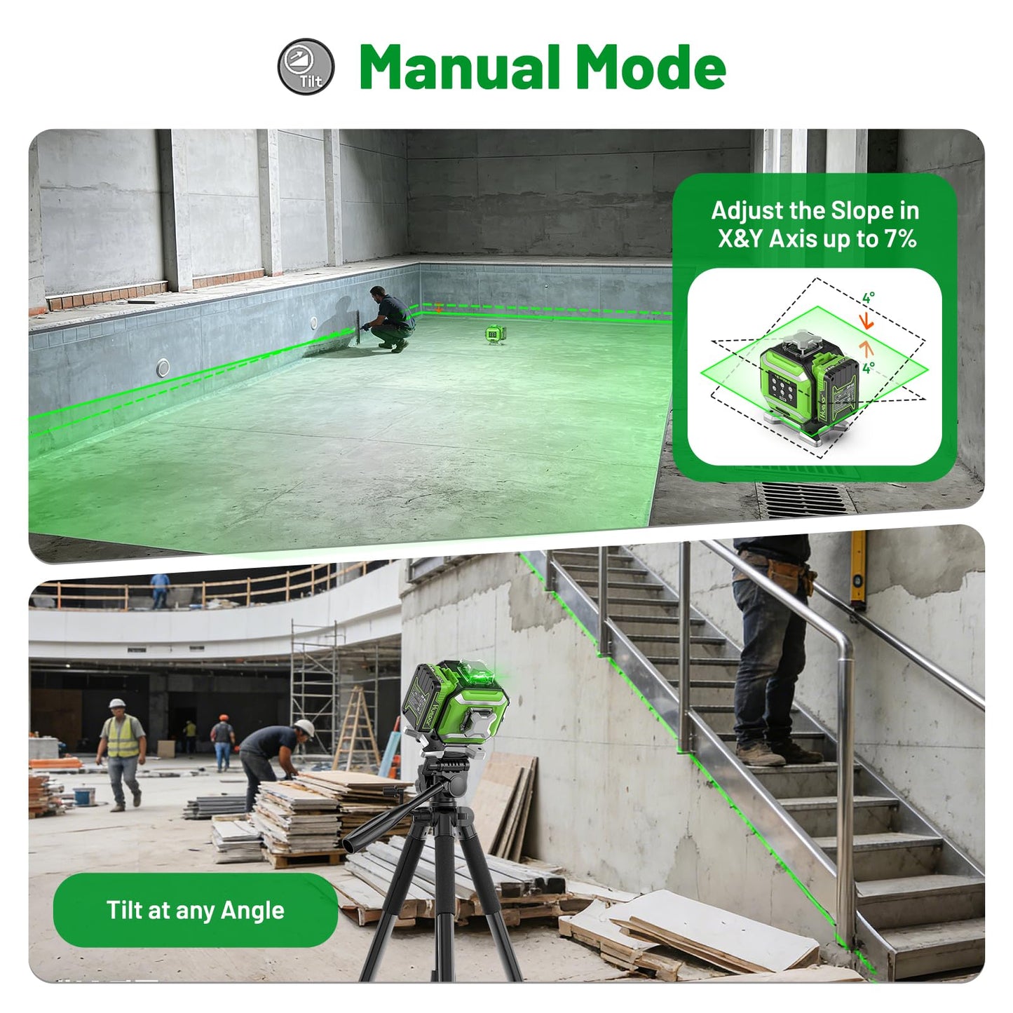 Huepar Electronic Laser Level, 4 x 360° Green Self Leveling Lazer Leveler Tool Kit with High Accuracy & Slope Function, No Swing Design, Adjustable Brightness with Flash Mode, Rechargeable -DP04CG