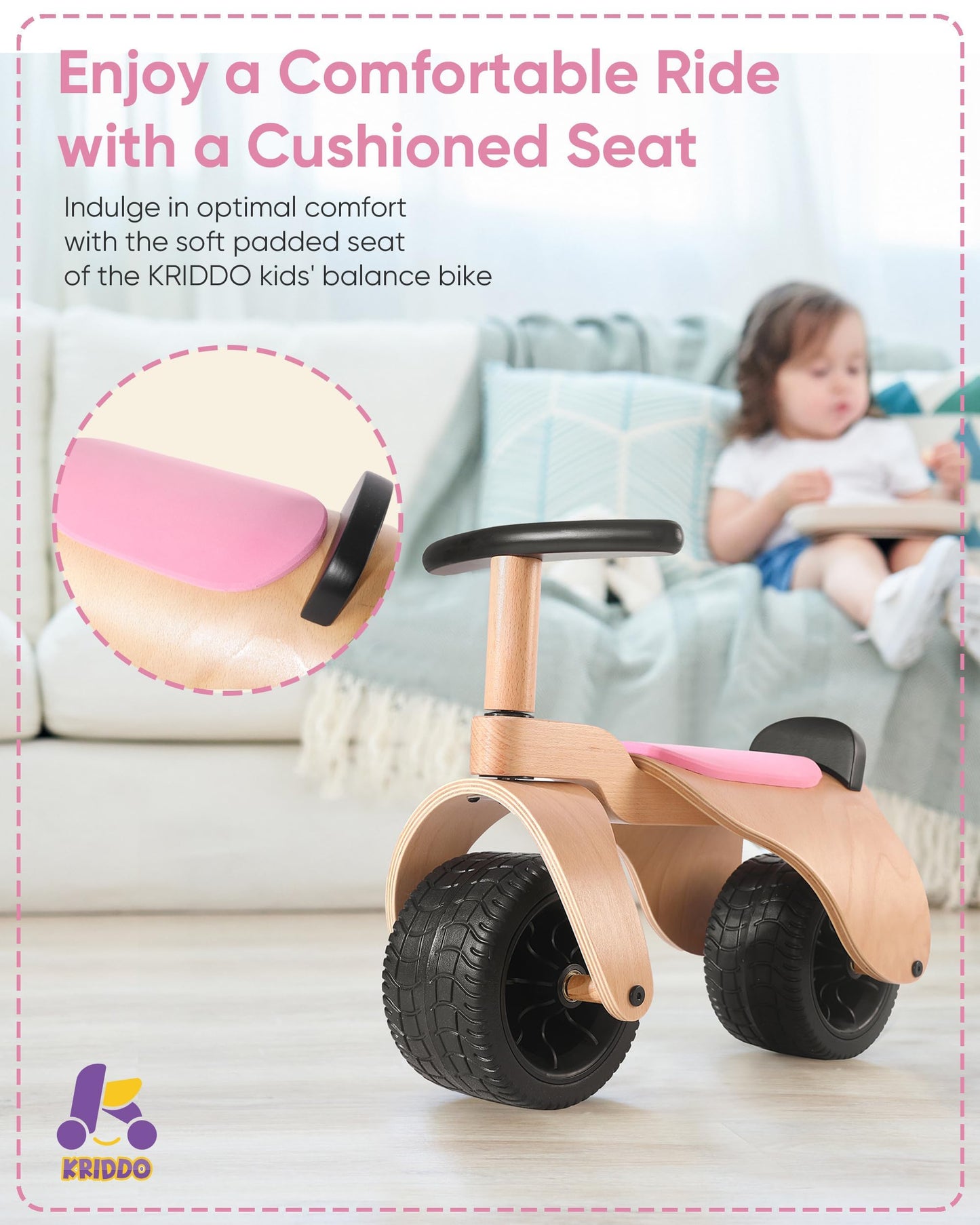 KRIDDO Wooden Baby Balance Bike 1 Year Old, Wide Wheels for Stable and Smooth Ride, Boy Girl First Balance Bike Gift for 12 Month to 3 Year, Non-Sharp Parts, Soft Seat, Pink