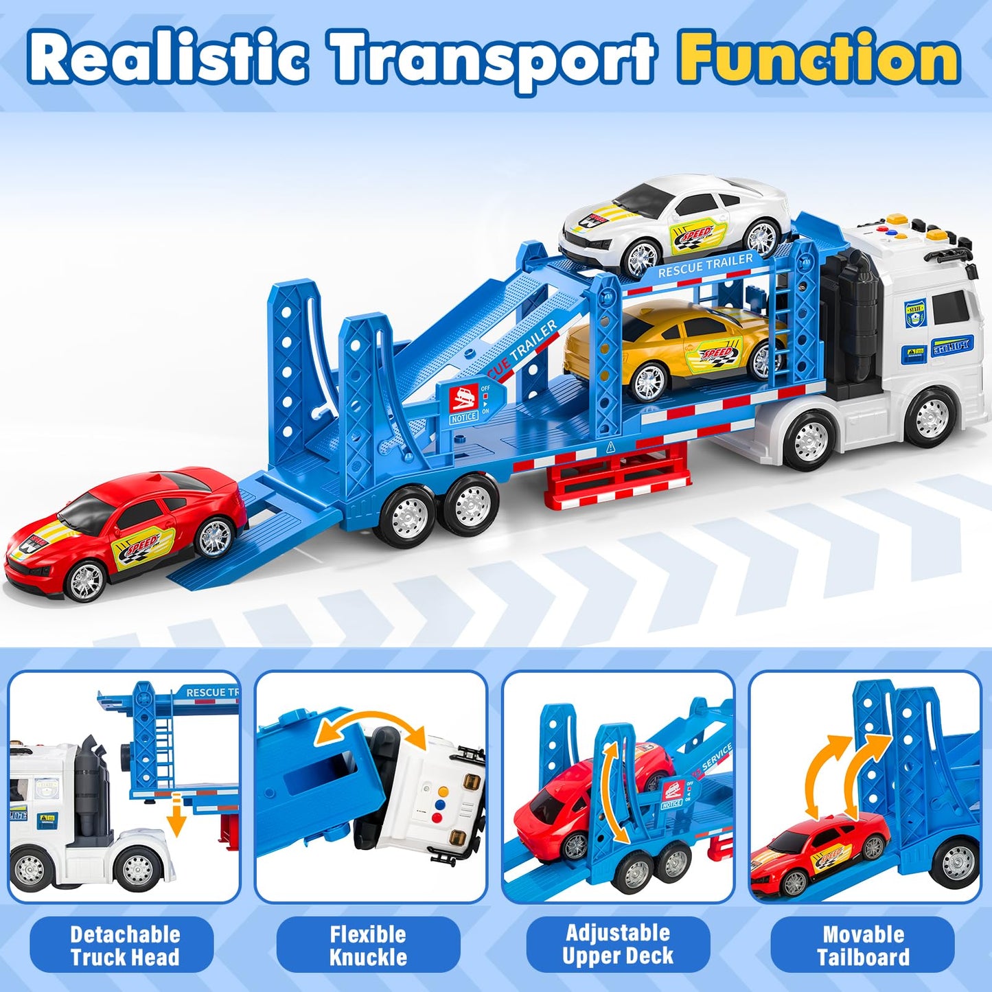 BainGesk Semi Truck Toys Car for 3, 4, 5, 6, 8 Years Old Boys Girls, Adjustable Double Decker Carrier Truck with Light & Sound, Car Hauler with Trailer Toy, Large Transport Toy Gifts for Toddler