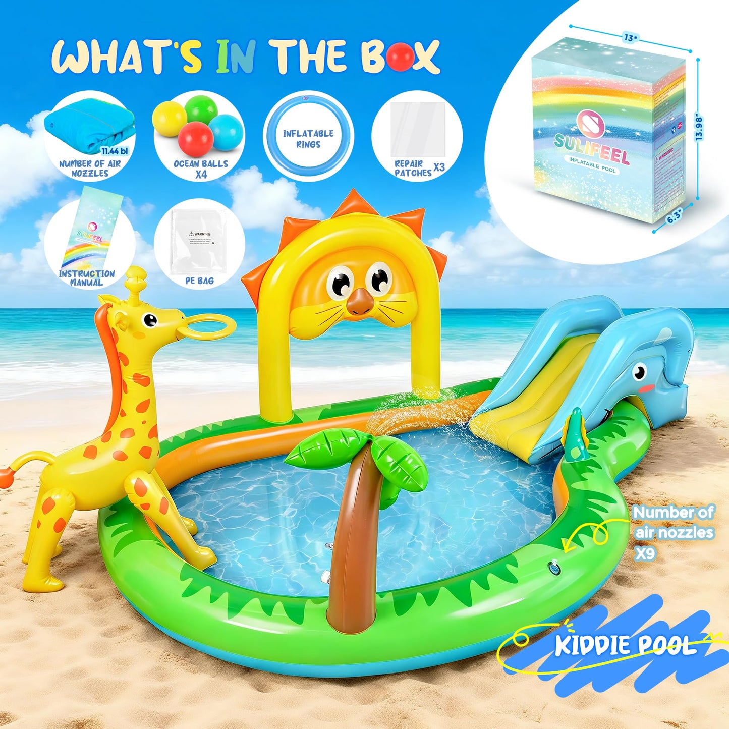 SULIFEEL Zoo-Themed Inflatable Play Center Kiddie Pool with Slide and Sprinkler for Children, 100''x70''x40' in Baby Pool for Backyard and Garden