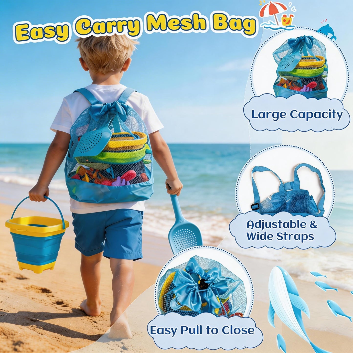 UBeesize 37 PCS Beach Toys , 3-in-1 Construction & Treasure Hunt Sand Toys with 2 Collapsible Buckets, 2 Trucks, Castle Building Kit, Sand Sifter and Shovels, Mesh Bag Sandbox Toys for Toddler 3-10