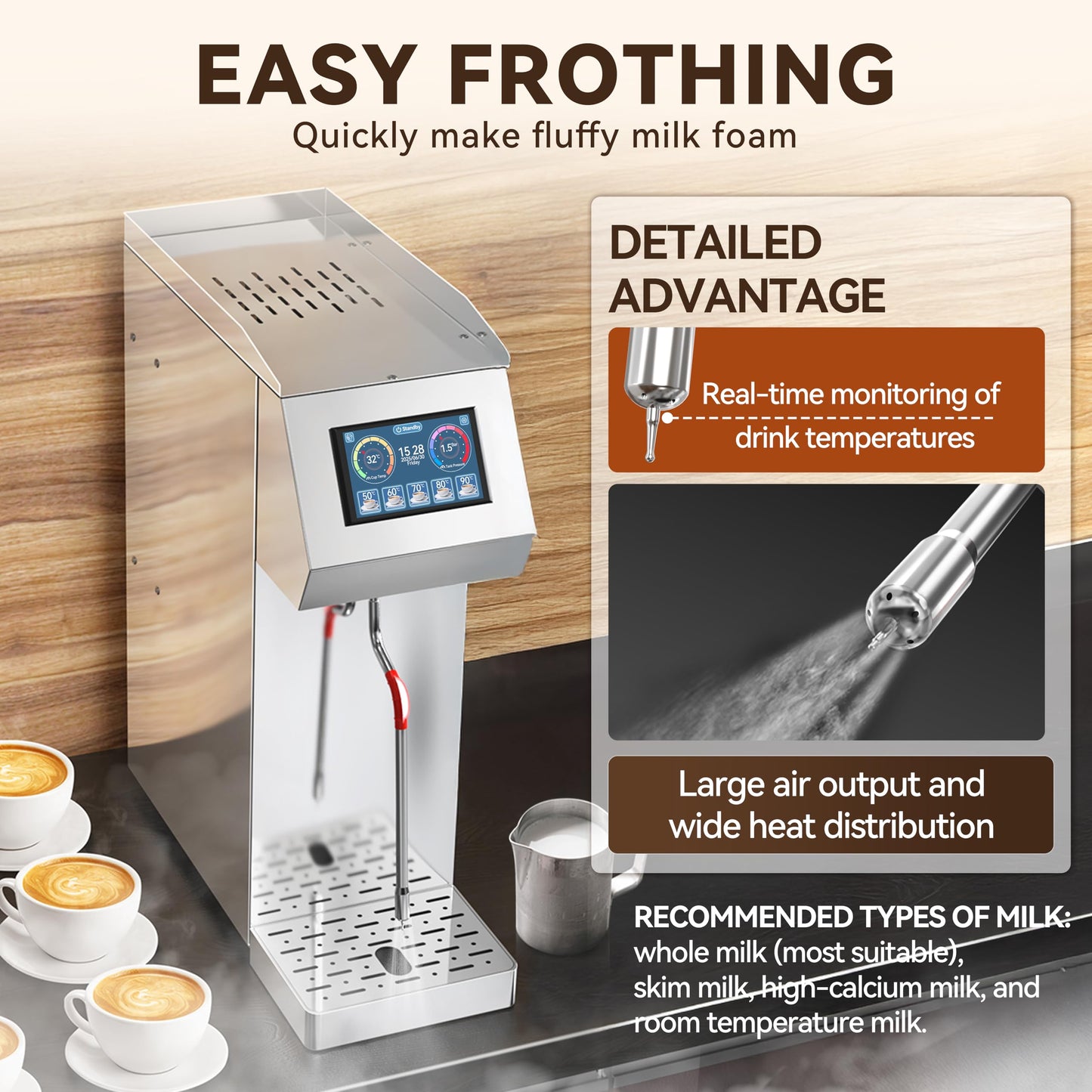 Vtsmax Commercial Milk Frother 2KW, Automatic Stainless Steel Steam Frother with Touch Control LED Display, 6 Temp Settings, External Water Bottle Compatible for Coffee Tea Shop (110-120V)