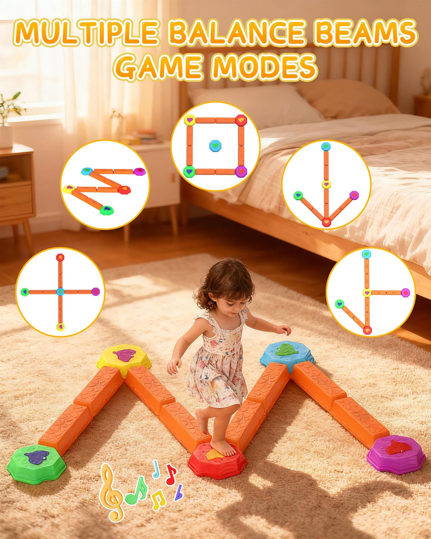 kenvc Stepping Stones for Kids, Light Up Musical Balance Beam and Non-Slip Toddler Balance Stones, Toddler Indoor or Outdoor Play Obstacle Course, Sensory Toys Play for Family Active Kids Ages 3+