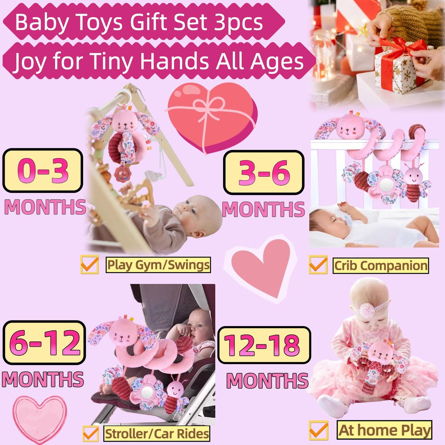 chochumy Baby Spiral Car Seat Toys for Babies 0-6 Months Girl, Stroller Hanging Stuffed Animal Carseat Crinkle Rabbit Toy 0-3-4-5-7-8-9-12 Month, Newborn Infant Gifts Easter Basket Stuffers Bunny 3PCS