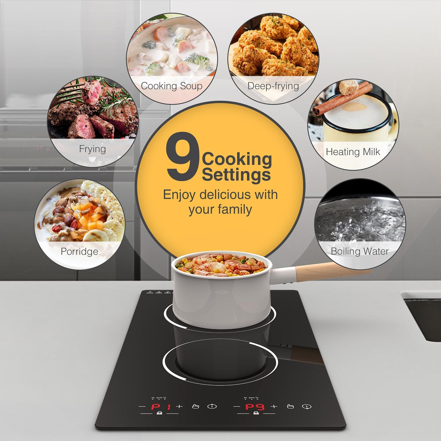 GIHETKUT Double Induction Cooktop,110V 2 Burner Induction Cooktop,2300W Electric Stove Top with Independent Control, Ultrathin Body, 9 Temperature, Multiple Power Levels, 2 Hour Timer, Safety Lock