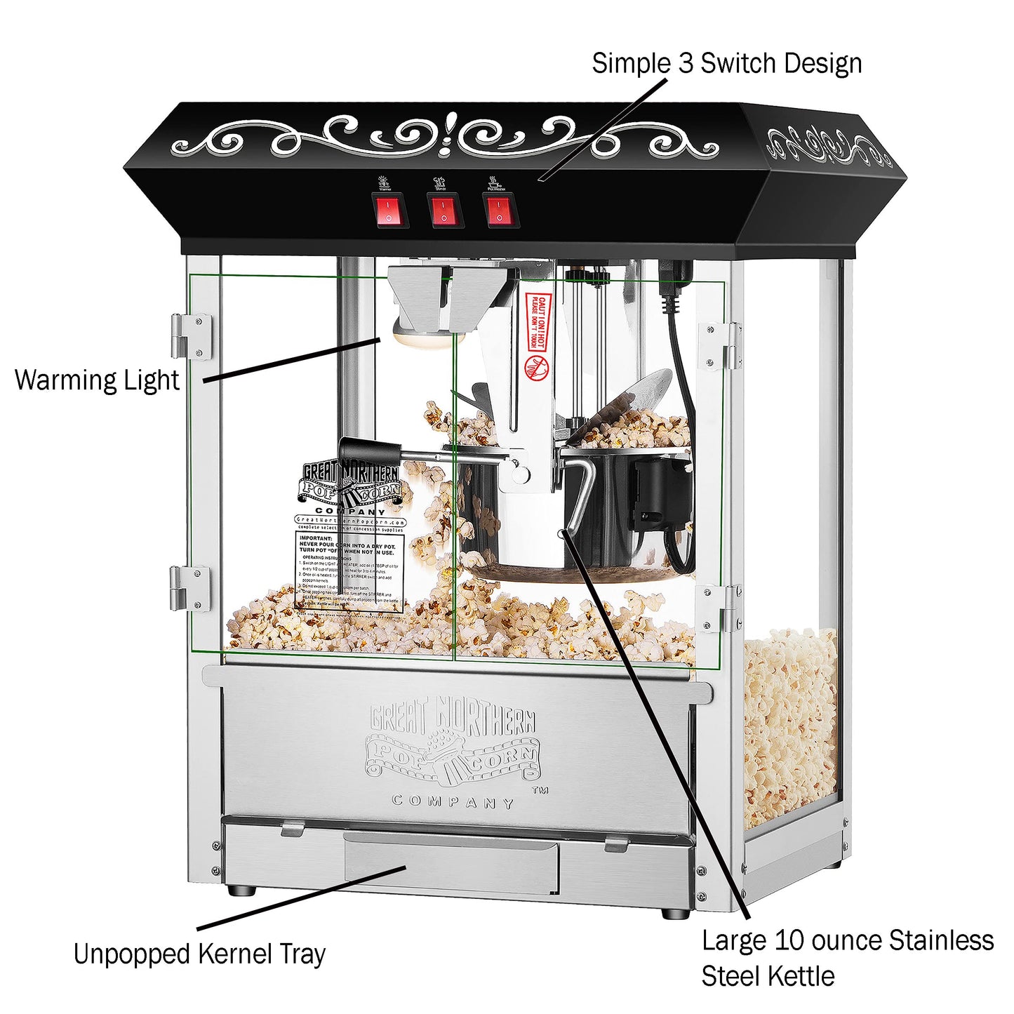 Perfect Popper Popcorn Machine - 10oz Stainless-Steel Kettle, Reject Kernel Tray, Warming Light, and Accessories by Great Northern Popcorn (Black)