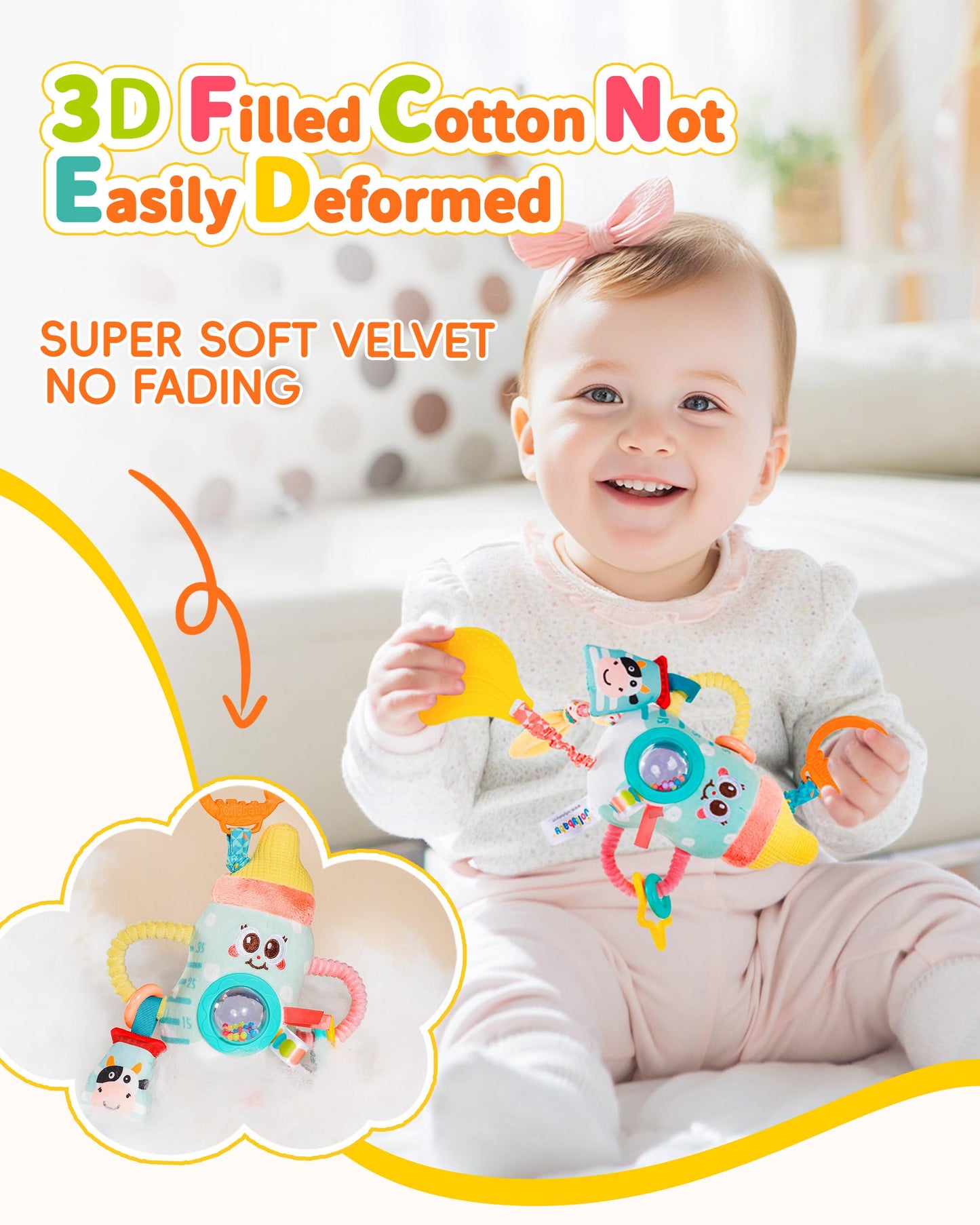 Jollybaby Baby Pull Vibration Toy - Tummy Time Sensory Hanging Toys for Car Seat, Stroller, Crib & Play Gym, with Babies Rattles & Teether, Airplane Travel Toys for Toddlers Gift- Toast