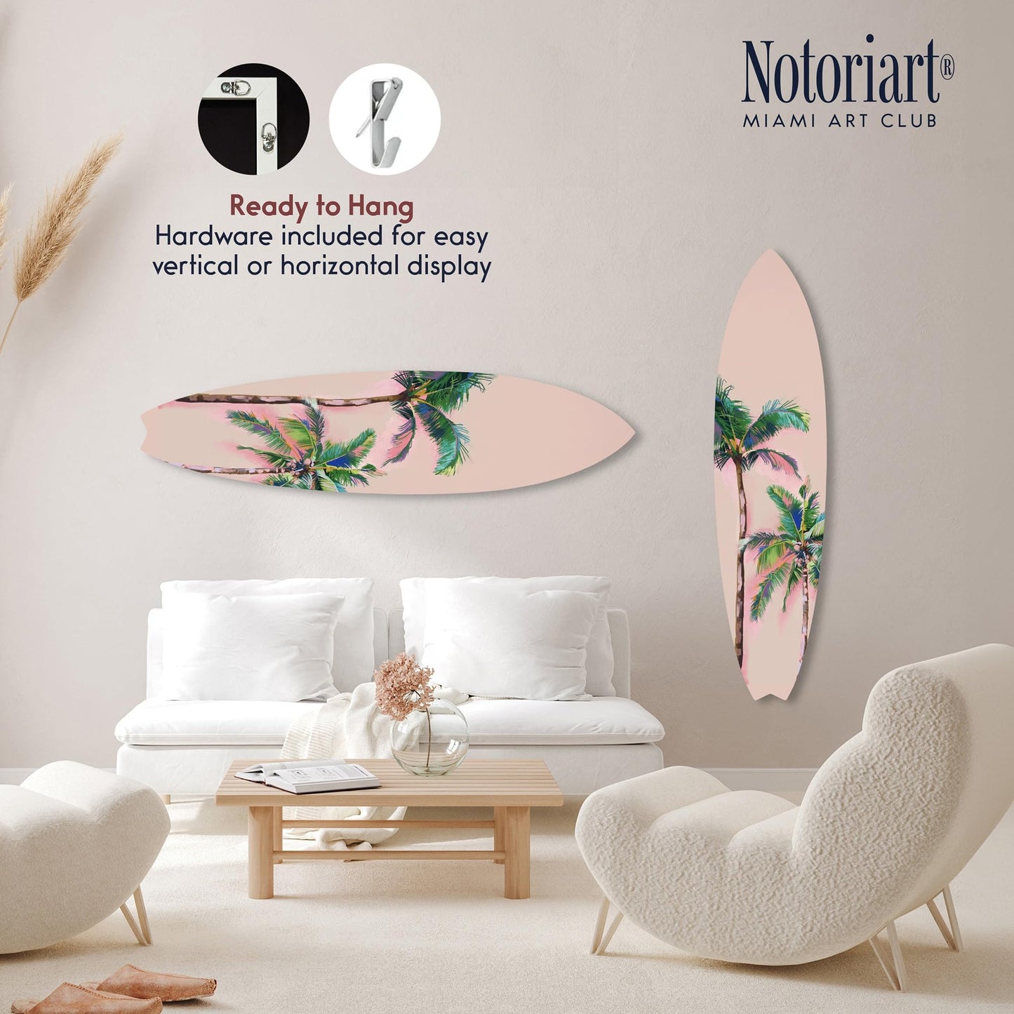 Notoriart Coastal Palm Coral Surfboard Acrylic Wall Art Die-Cut Coastal Modern High-Gloss Home Decor, 15" x 60"