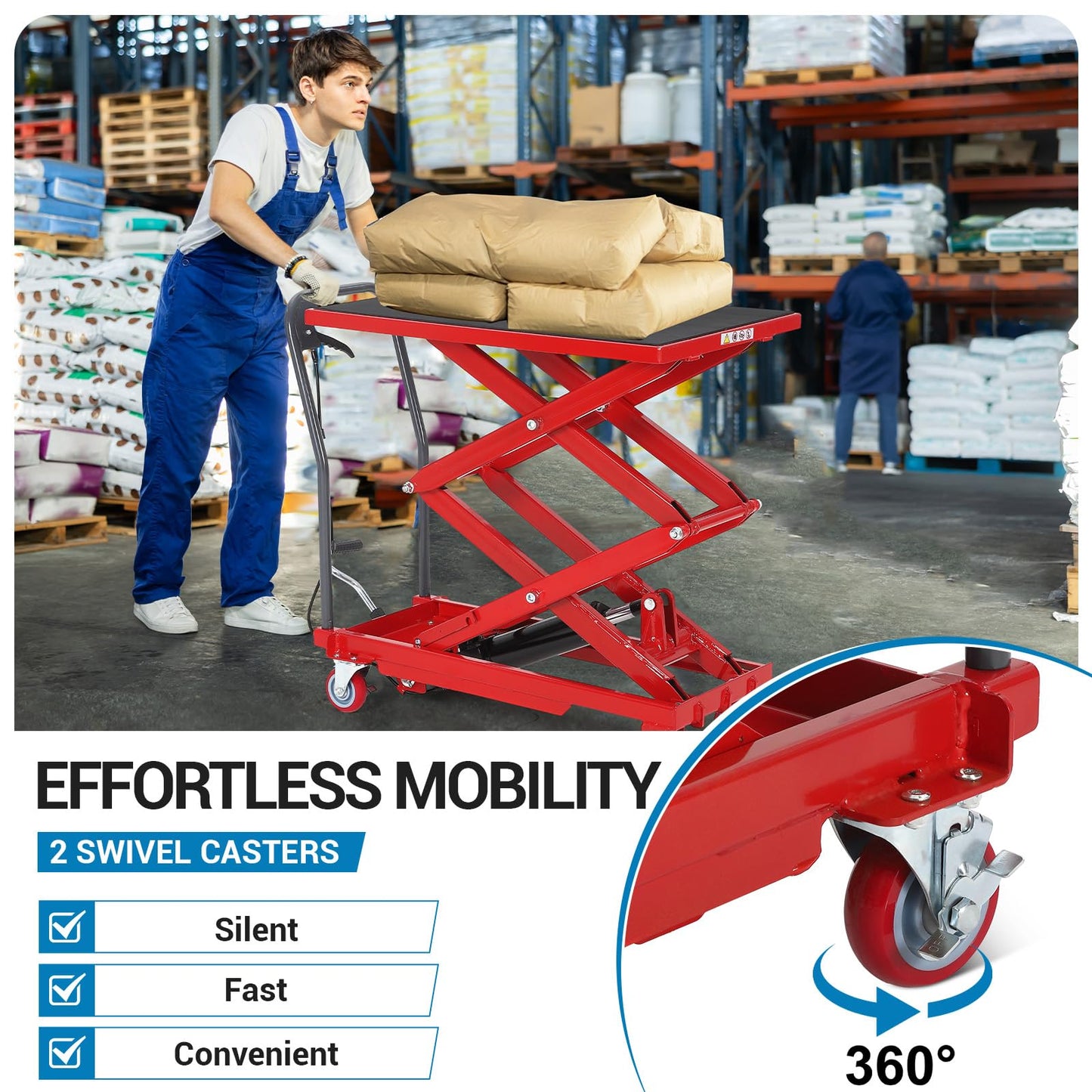 Hydraulic Lift Table Cart, 330lbs Capacity 50" Lifting Height Hydraulic Table Cart, Double Scissor Lift Table with Non-Slip Pad for Material Handling and Transportation, Red