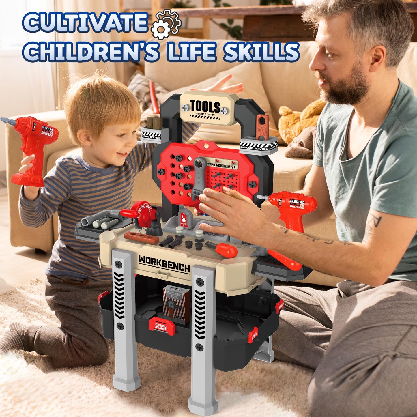 Toddler Tool Bench Set, 79pcs Pretend Construction Toy Set with Drill for Kids Workbench Playset, Tool Bench for Kids Ages 3-5 Years Old, Storage Box for Boys, Perfect Birthday (Red)