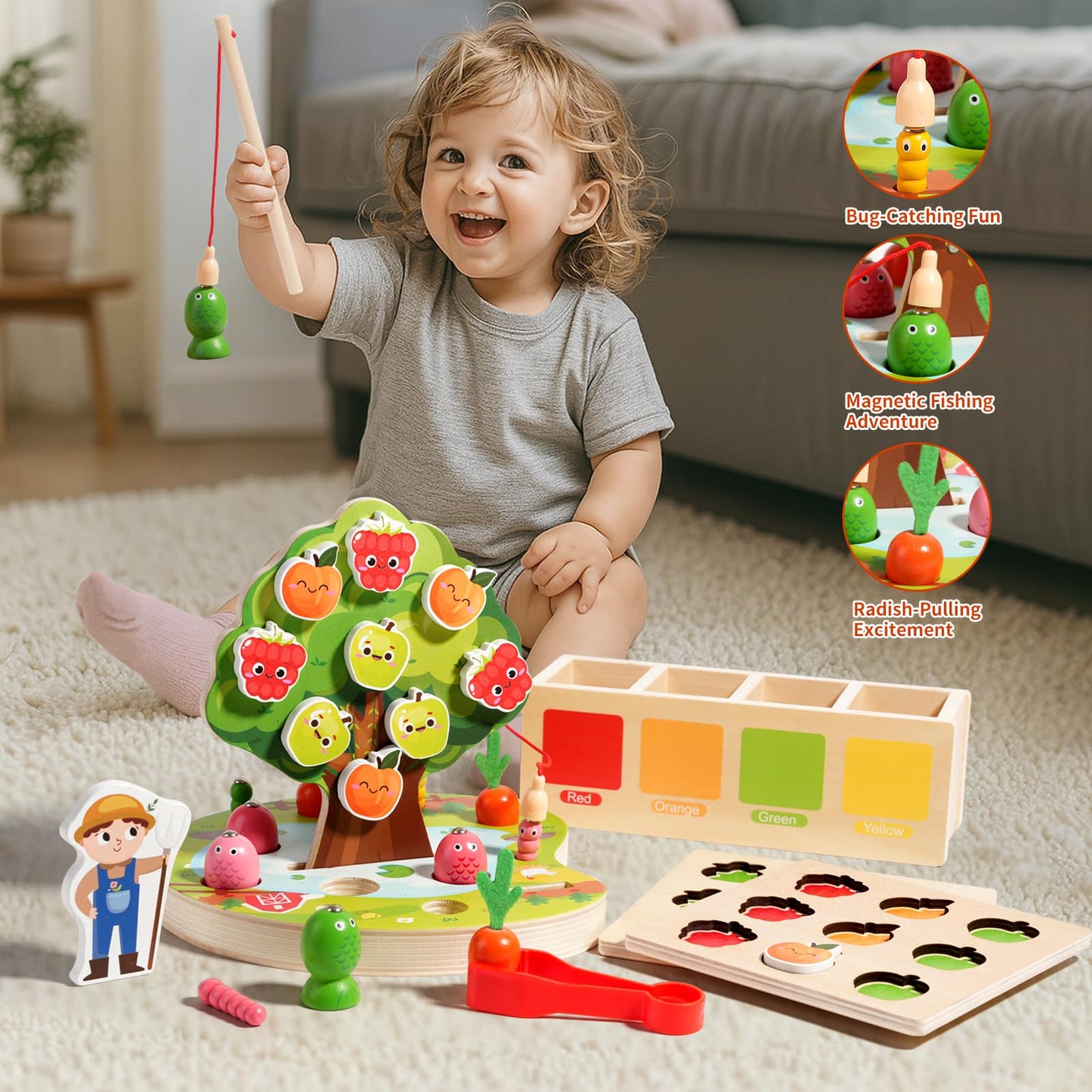 INIFEIDALA Montessori Toys for 2 3 4 Year Olds | Birthday Gifts for Boys & Girls, Wooden Educational Toddler Toys, Shape Sorting, Carrot Harvest & Magnetic Fishing Game – Fine Motor Skills Development