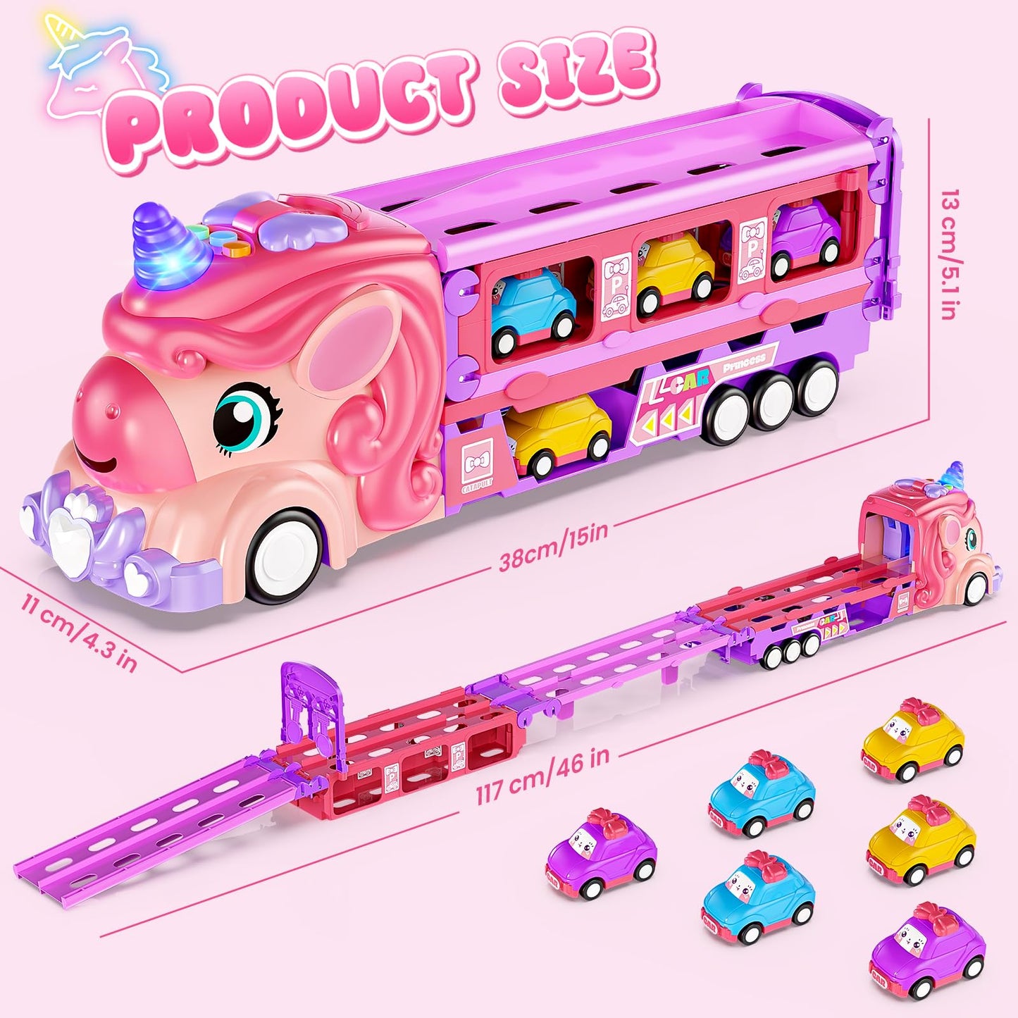 Hot Bee Girls Toy Car Set with Unicorn Toys Truck - 6 Princess Cars & 2-Player Fold Out Track with Light & Sound - Friction Power Car Toys Birthday Gifts for 3, 4, 5, 6, 7 Year Old Toddler Girl