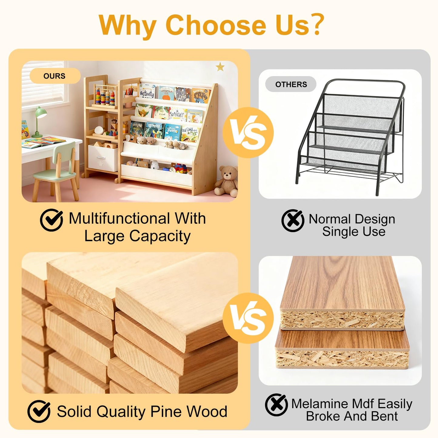 CACEJO Kid Bookshelf and Toy Storage Organizer - White 3 Tier Wooden Kids Book Shelf for Kids Rooms, Toddler Bookshelf Baby Bookcase for Nursery Class Room, Play Room- Cream White