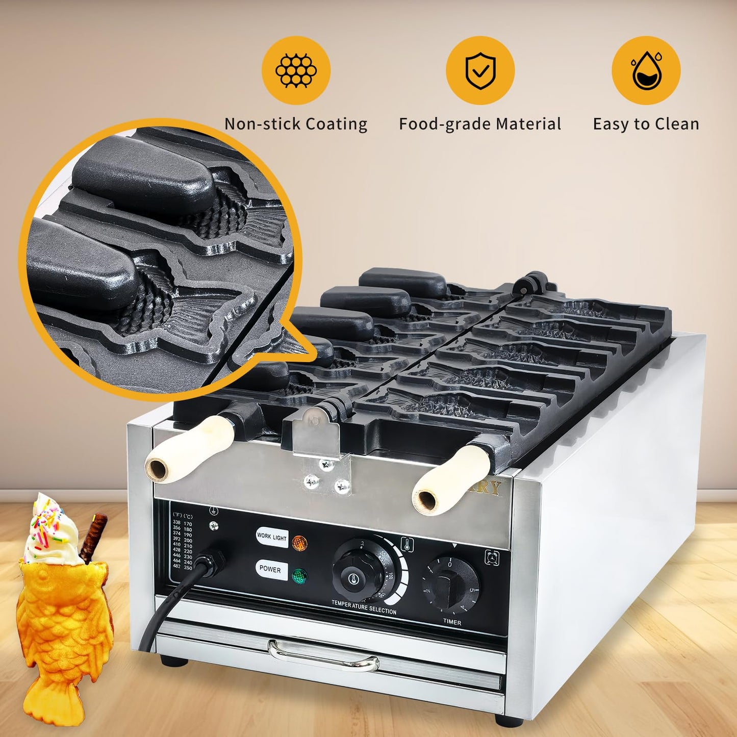 CPVKRY Taiyaki Fish Waffle Maker 110V/Commercial Ice Cream Waffle Maker/Stainless Steel Taiyaki Maker/With 122-572℉ Temp Range and Time Control, Teflon-Coated Baking Pan