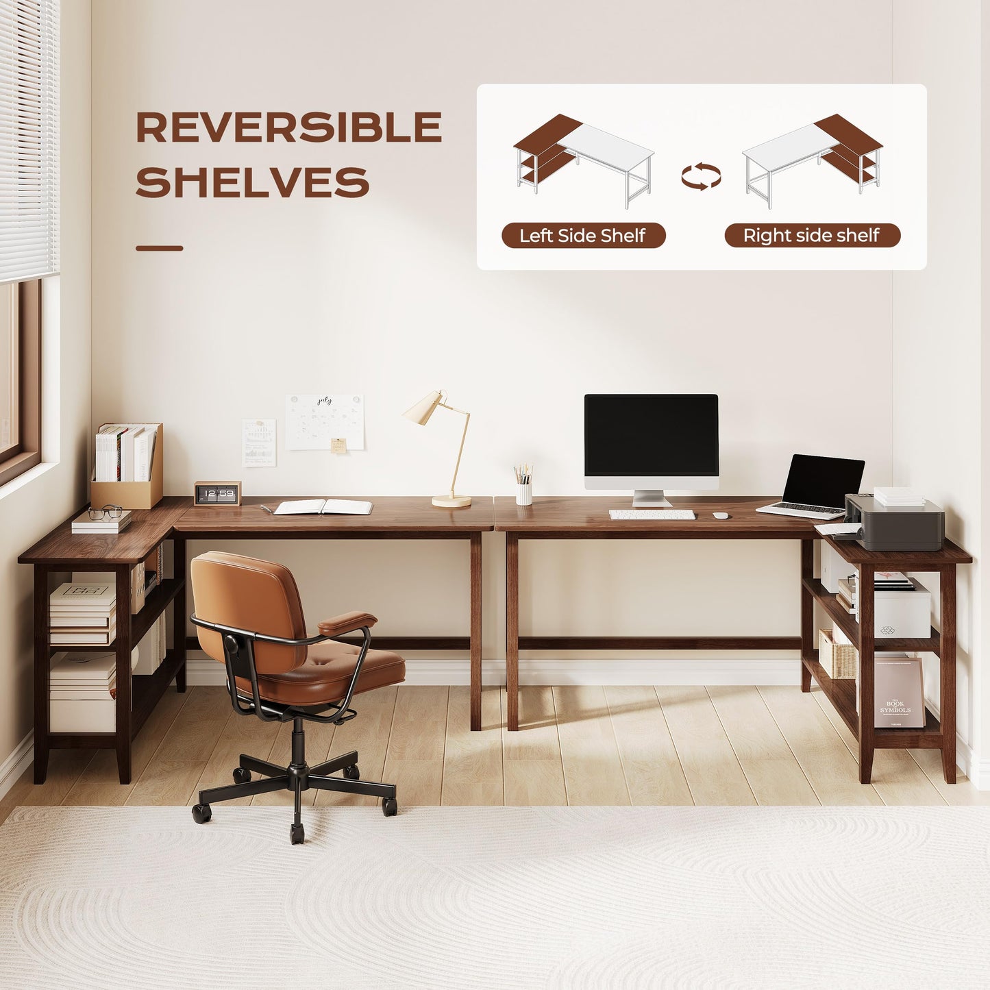 IOTXY Reversible L-Shaped Office Desk - 63" Extra Large Corner Computer Table with Storage Shelves, Solid Wood Legs, Home Writing & Study Workstation, Walnut