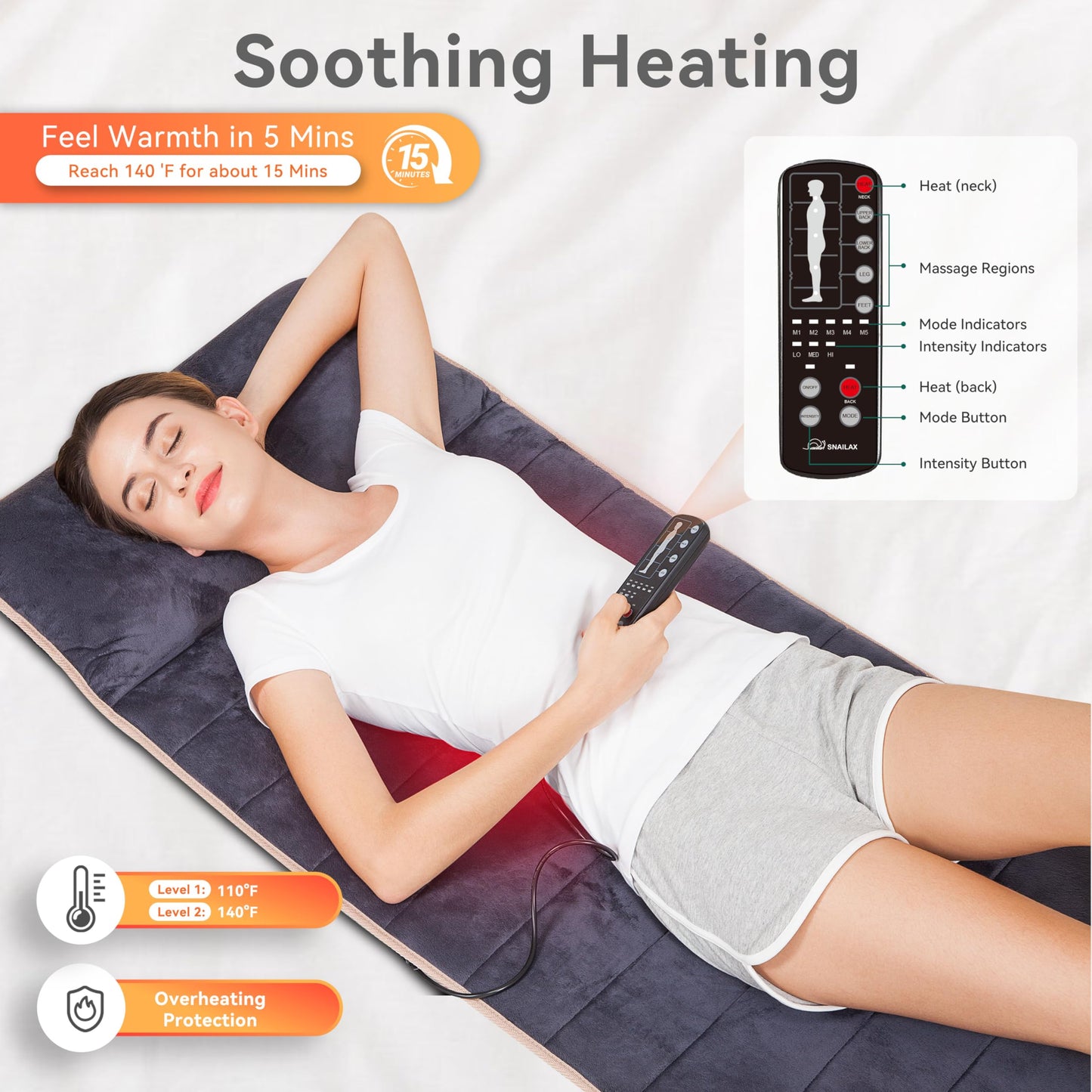 Snailax Memory Foam Massage Mat with Heat, 10 Vibrating Motors Full Body Massager Pad for Back Pain Relief, 6 Heating Pads for Neck, Lumbar, and Leg - Gifts for Men/Women
