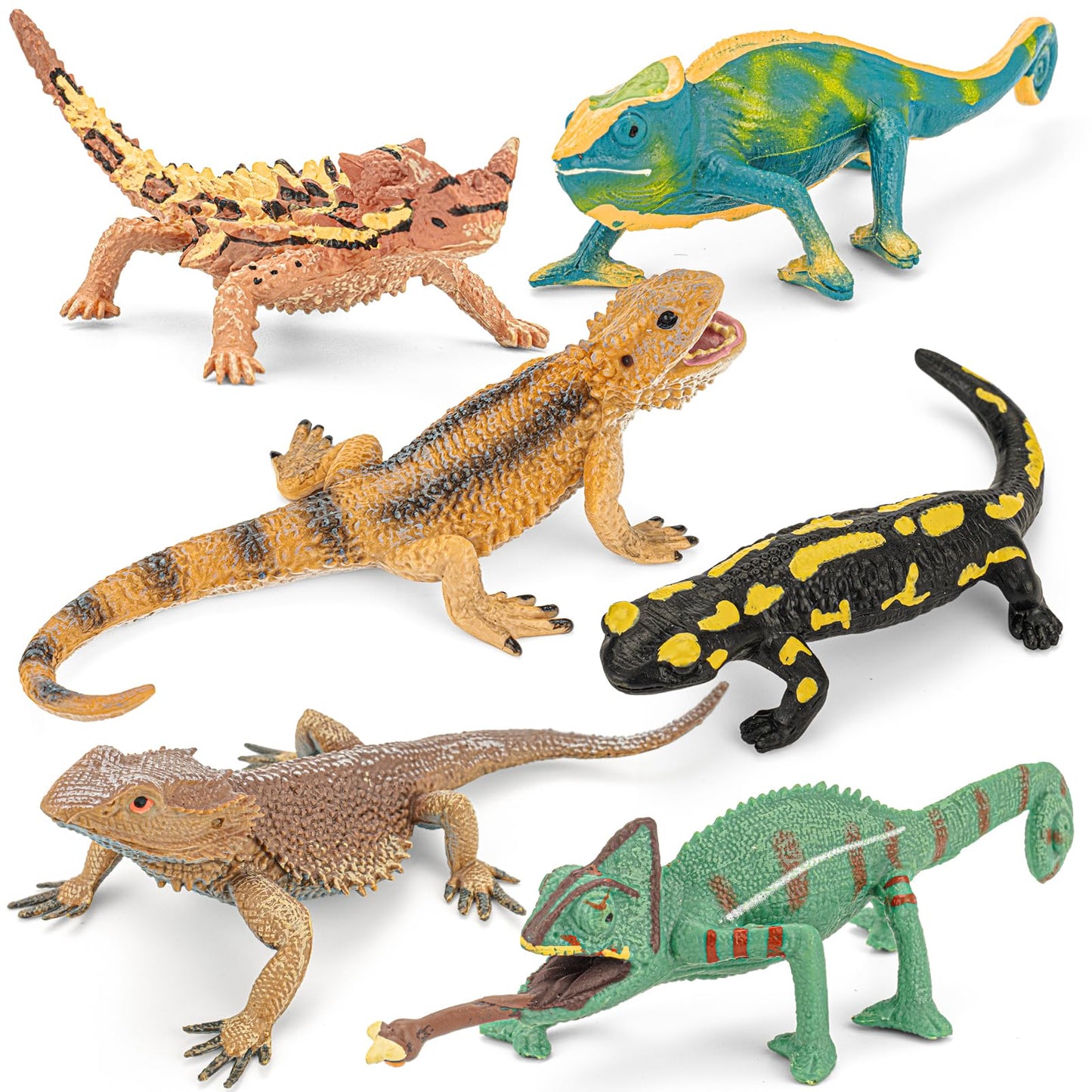 THINKBAY 6PCS Large Lizard Figurines Rainforest Animal Toys, Realistic Plastic Reptile Animal Figurines, Includes Bearded Dragon,Fire Salamander,Chameleons,Coast Horned Lizard Toys, STEM Toy for Kids