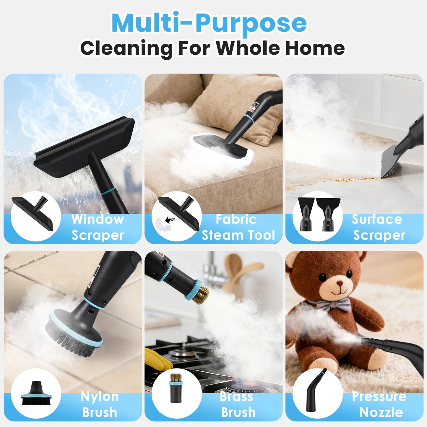 Steam Cleaner, 6-Level Adjustable Steam, 15s Heat-Up, 1250ML Tank, 7ft Extended Hose, Portable Steamer for Cleaning with 18 pcs Accessories for Home for Dirt, Grease, Grout, Tile, Floor, Car