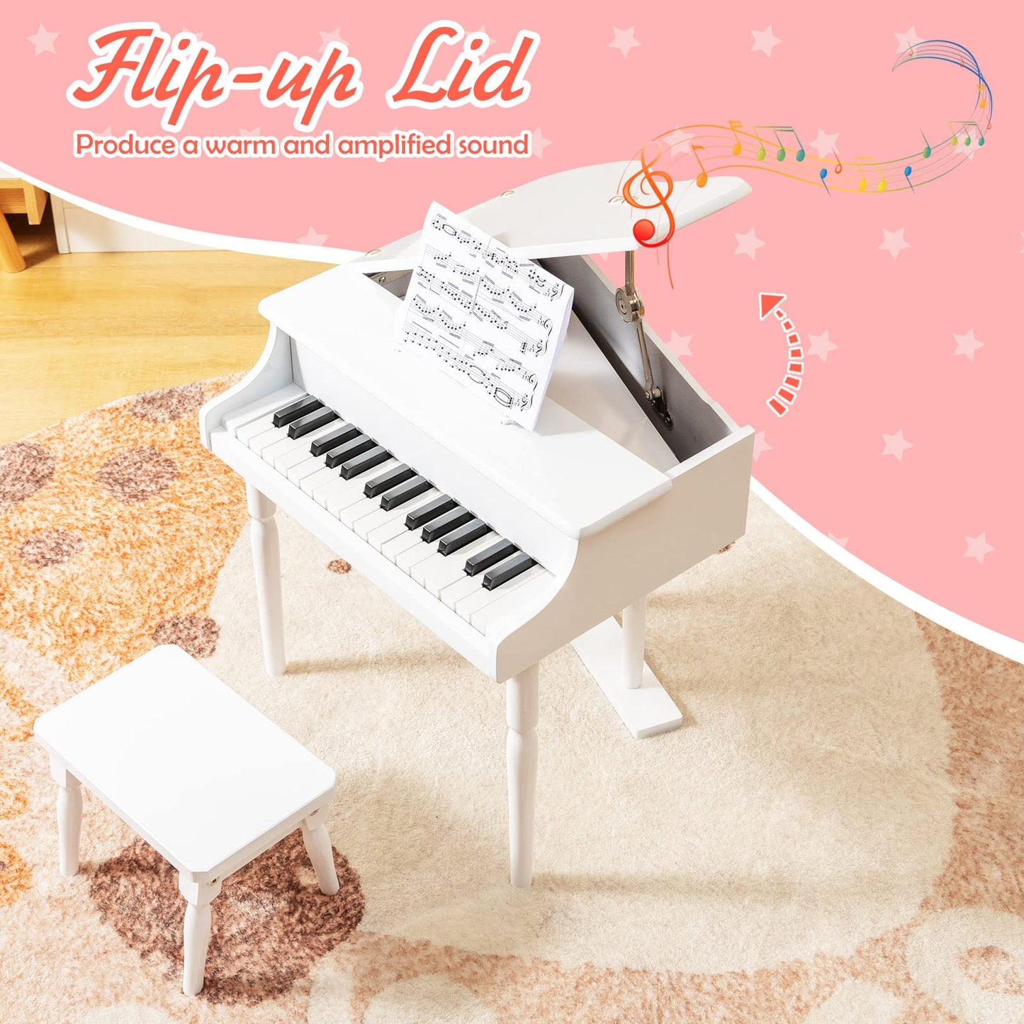 Goplus 30-Key Classical Kids Piano, Mini Grand Piano Wooden Learn-to-Play Musical Instrument Toy with Bench, Piano Lid, Music Rack, Gift for Boys Girls Aged 2+ Baby Toddler(3 Straight Leg-White)