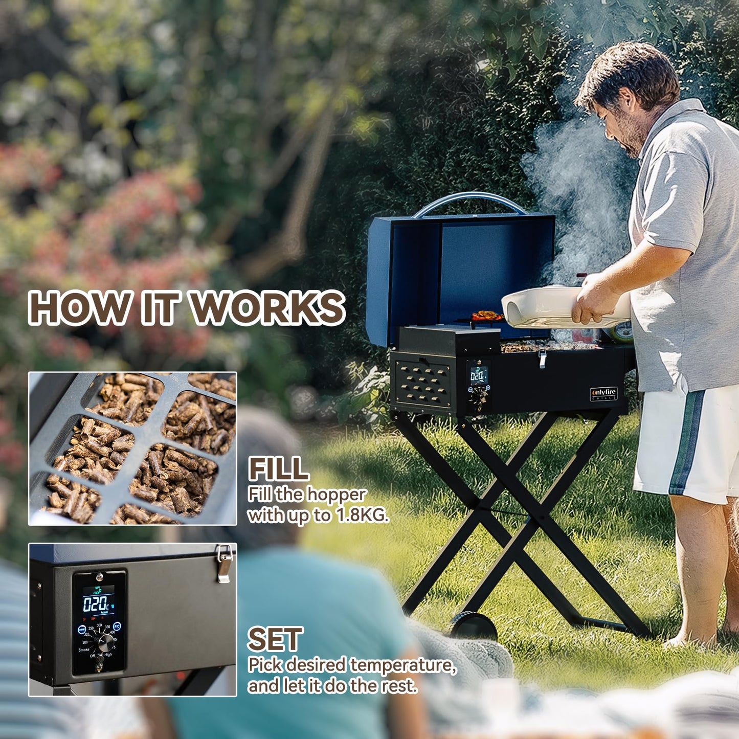 ONLYFIRE GRILLS BBQ Wood Pellet Grill Smoker with Foldable Cart, Meat Probe, 2 Tiers Cooking Area, Portable Smoking Grilling Stove for Outdoor Patio Cooking, RV Camping Tailgating, Blue GS342