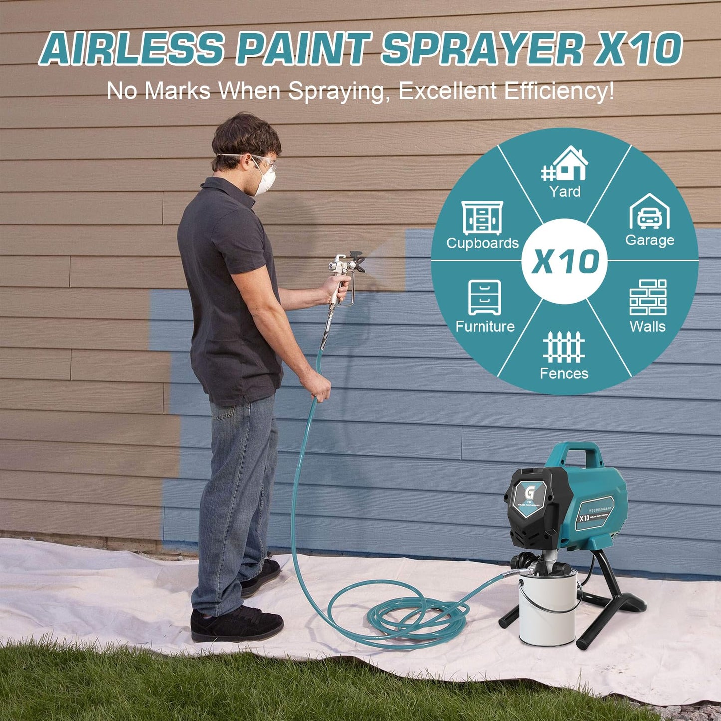 GarveeTech X10 Airless Paint Sprayer, 0.32GPM Stand Paint Sprayer, 3300 PSI 750W High Efficiency Paint Sprayer Machine with Extension Pole and Cleaning Kits for House Fence Painting DIY Furniture