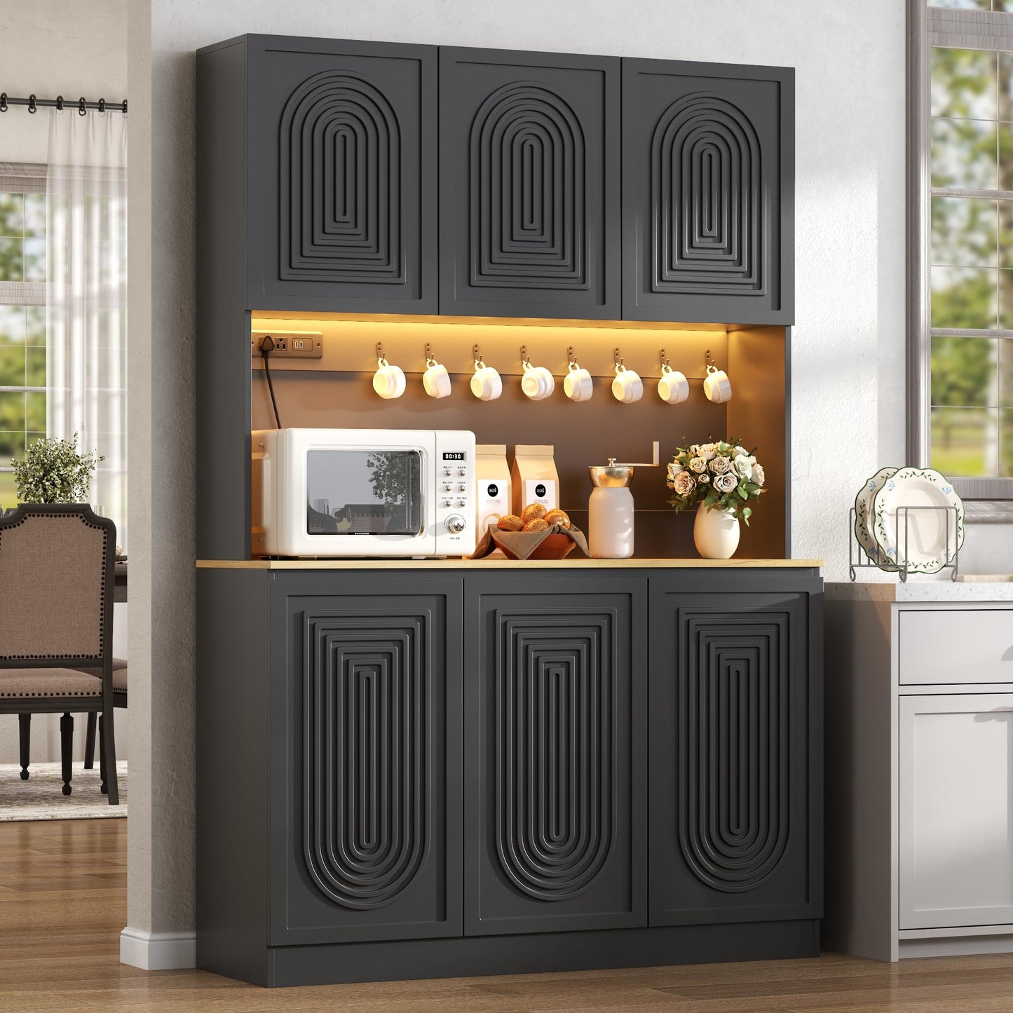 71" Black Kitchen Pantry with Power Outlet & LED Light, Large Kitchen Hutch Cabinet with Adjustable Shelf, Modern Buffet Cabinet with 6 Doors, Food Pantry Storage for Dining Room (Black 6 Doors)