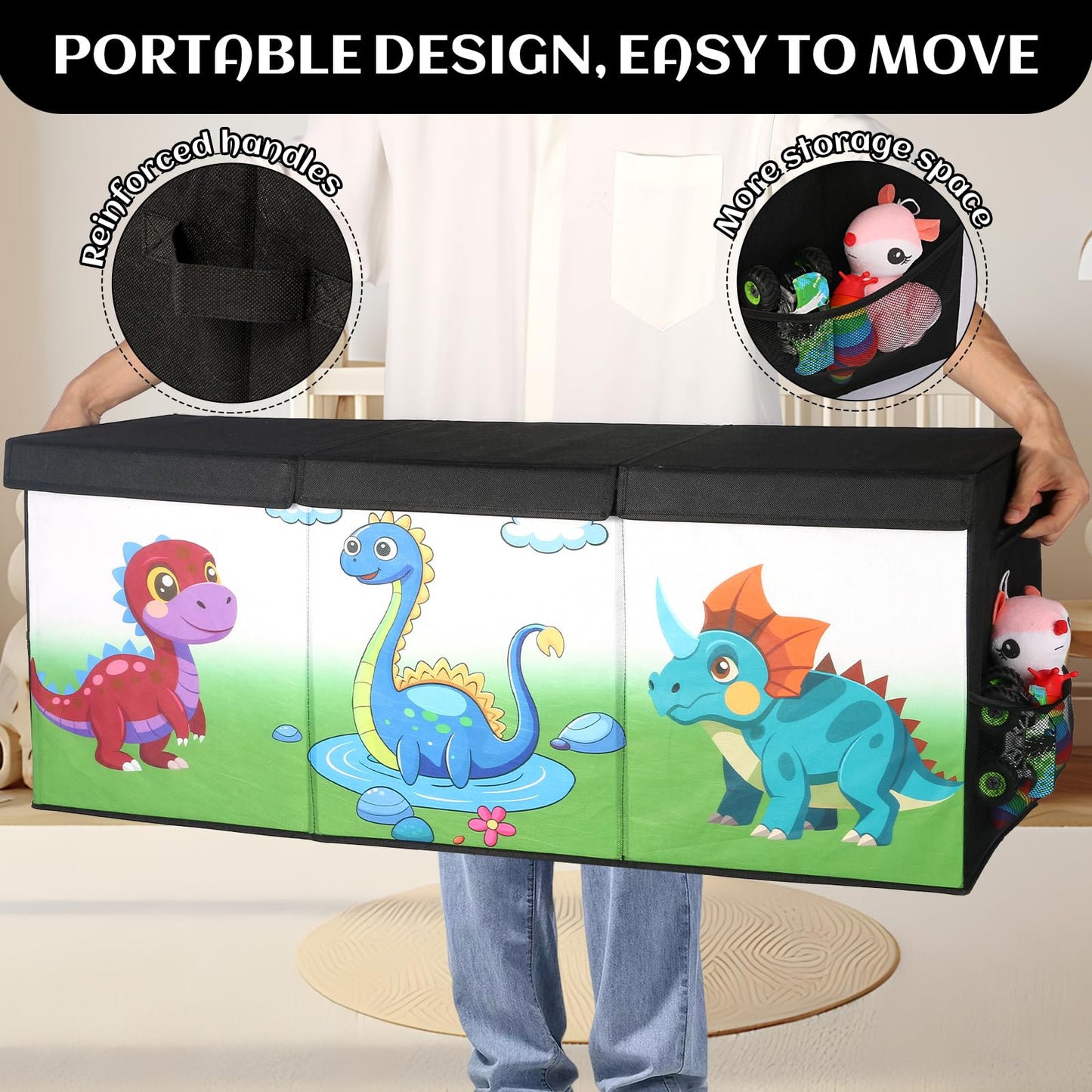 Dqoetort Extra Large Toy Box, Collapsible Storage Organizer with Lids, Sturdy Dinosaur Toy Chest for Boys Girls, 40"x14"x16" Kids Storage Bin Box Baskets for Living Room, Playroom, Bedroom, Nursery