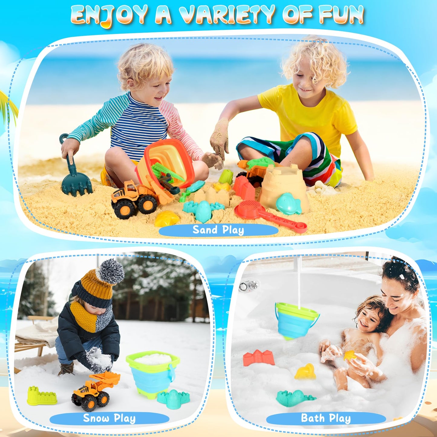 HUITEM Beach Sand Toys for Kids, 29PCS Sandbox Toys with 2 Collapsible Bucket Sand, 2 Dump Truck, Dinosaur Molds, Castle Building Kit, Shovel Sieve,Flags,Mesh Bag Travel Beach Toys for Toddler 3-10
