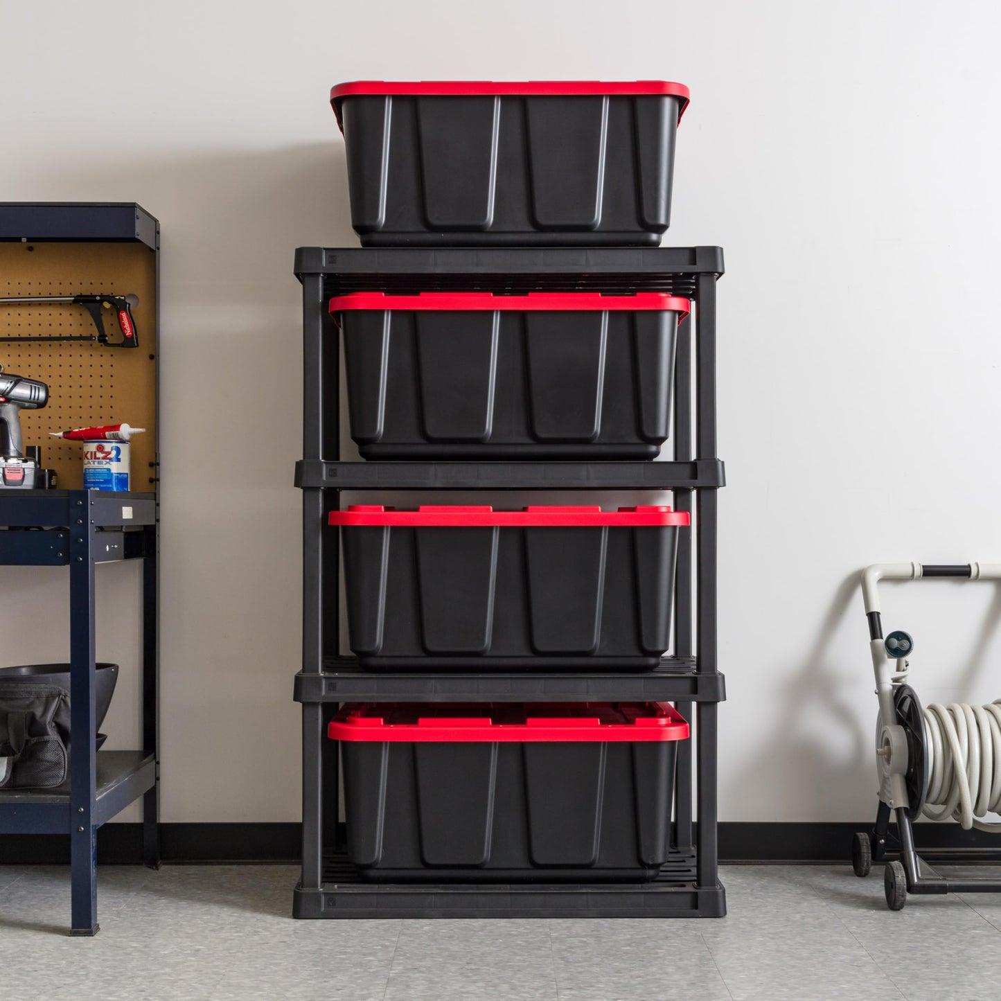 IRIS USA 27 Gallon Heavy Duty Truck Bed Toolbox Storage Tote Bins with Lids, 4 Pack - Made in USA, Tough Snap On Lockable Lid Stackable Industrial Tubs, Garage Organization Reusable Box - Red