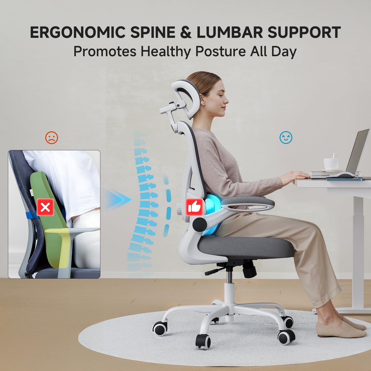 PKPT Ergonomic Office Chair, 330LBS Desk Chair with 3-Level Lumbar Support & Headrest, Breathable Mesh Backrest, Flip-Up Armrests for Home Office and Gaming, White and Gray