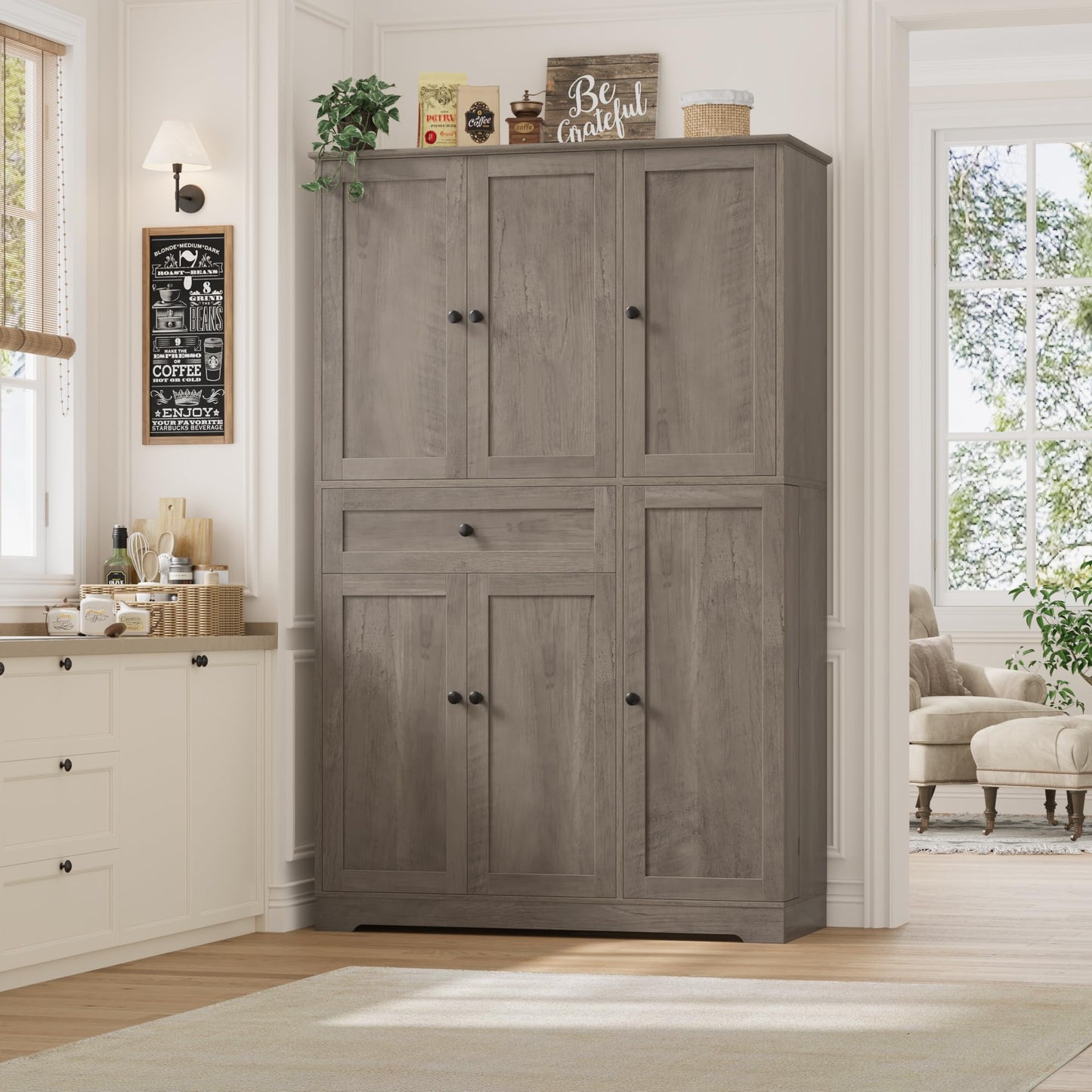 HOSTACK 68" Tall Kitchen Pantry Storage Cabinet, Modern Kitchen Hutch Cabinet with Doors and Shelves, Freestanding Food Pantry with Large Storage Drawer for Dining Room, Living Room, Ash Gray