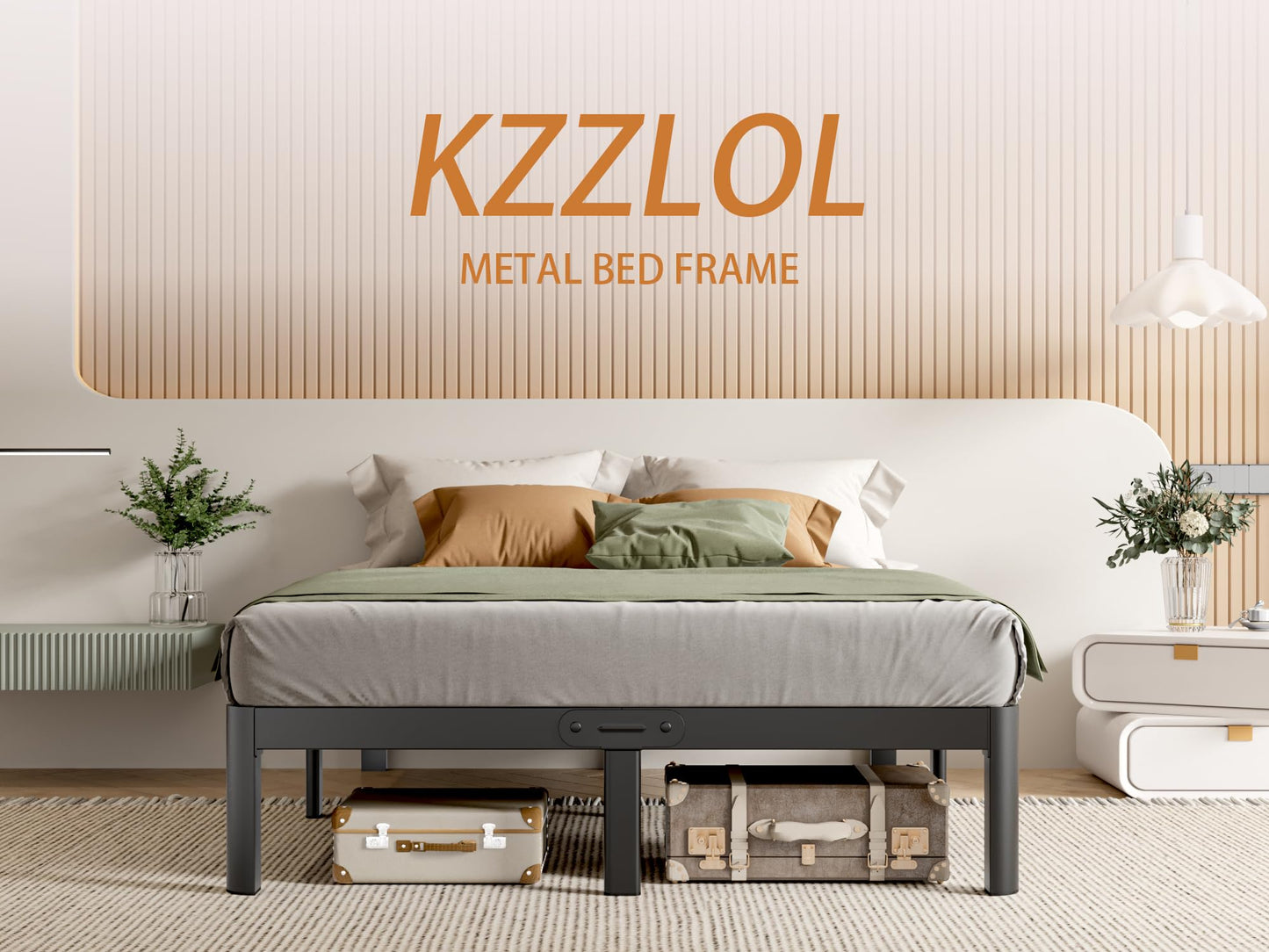 KZZLOL Queen Size Bed Frame Black, 16 Inch Metal Queen Bed Frame No Box Spring Needed, DIY Headboard Holes, Heavy Duty Steel Support 3500 LBS, Noiseless, Round Corner Leg, Storage Space, Easy Assembly