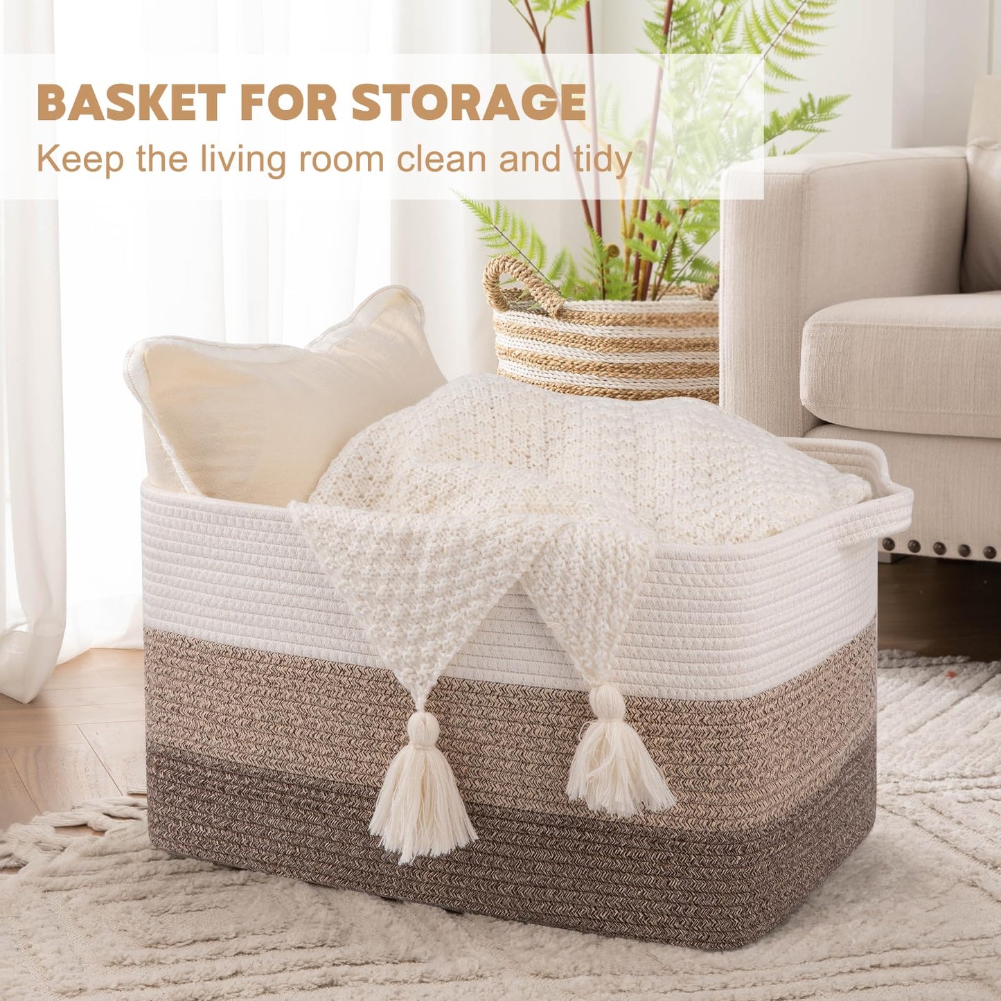 OIAHOMY Large Blanket Basket, 65L Cotton Rope Woven Laundry Basket, Toy Bin for Baby Room, Container for Blanket Storage in Living Room, 20''×16''×12'', Gradient Brown