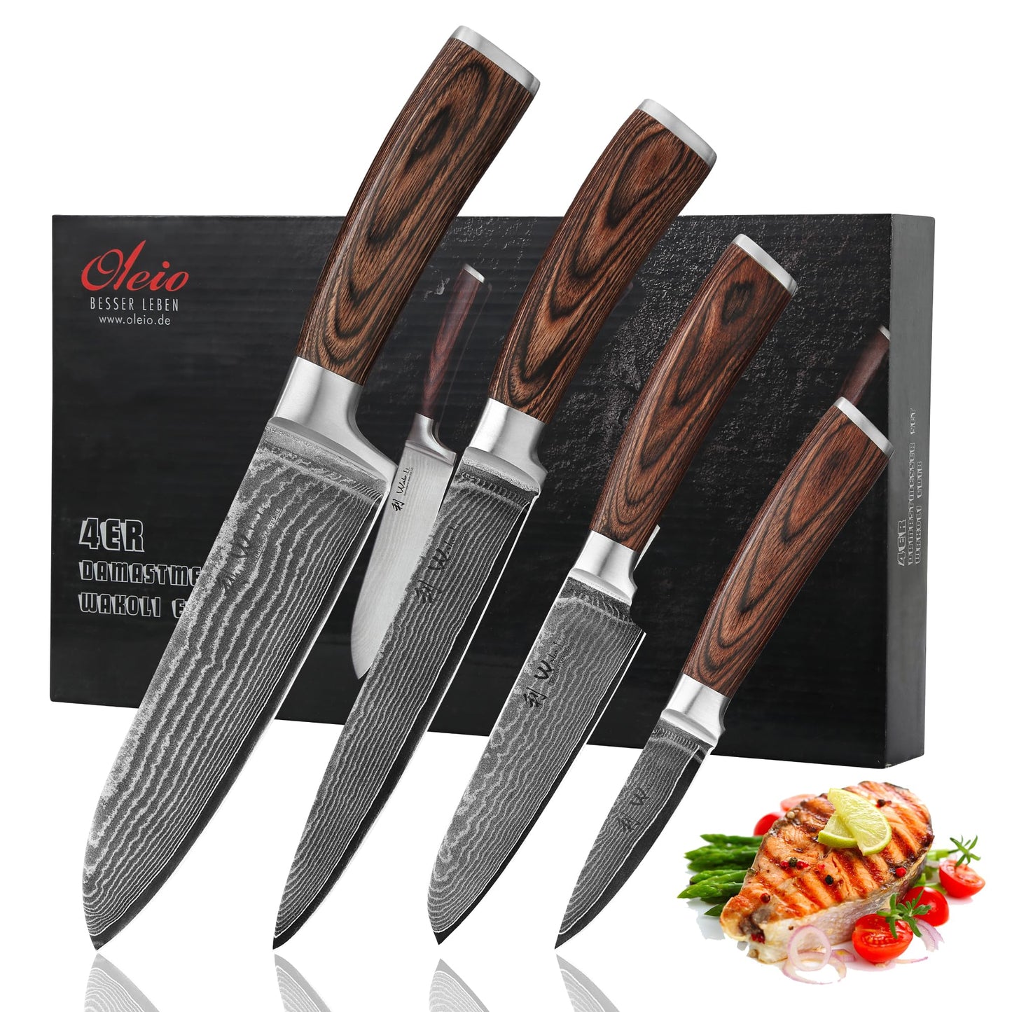 Wakoli EDIB 4-Piece Damascus Knife Set – Professional Chef Knives Set with VG10 Core Blades, 67-Layer Damascus Steel and Ergonomic Pakkawood Handles – Premium Kitchen Knives in Elegant Gift Box