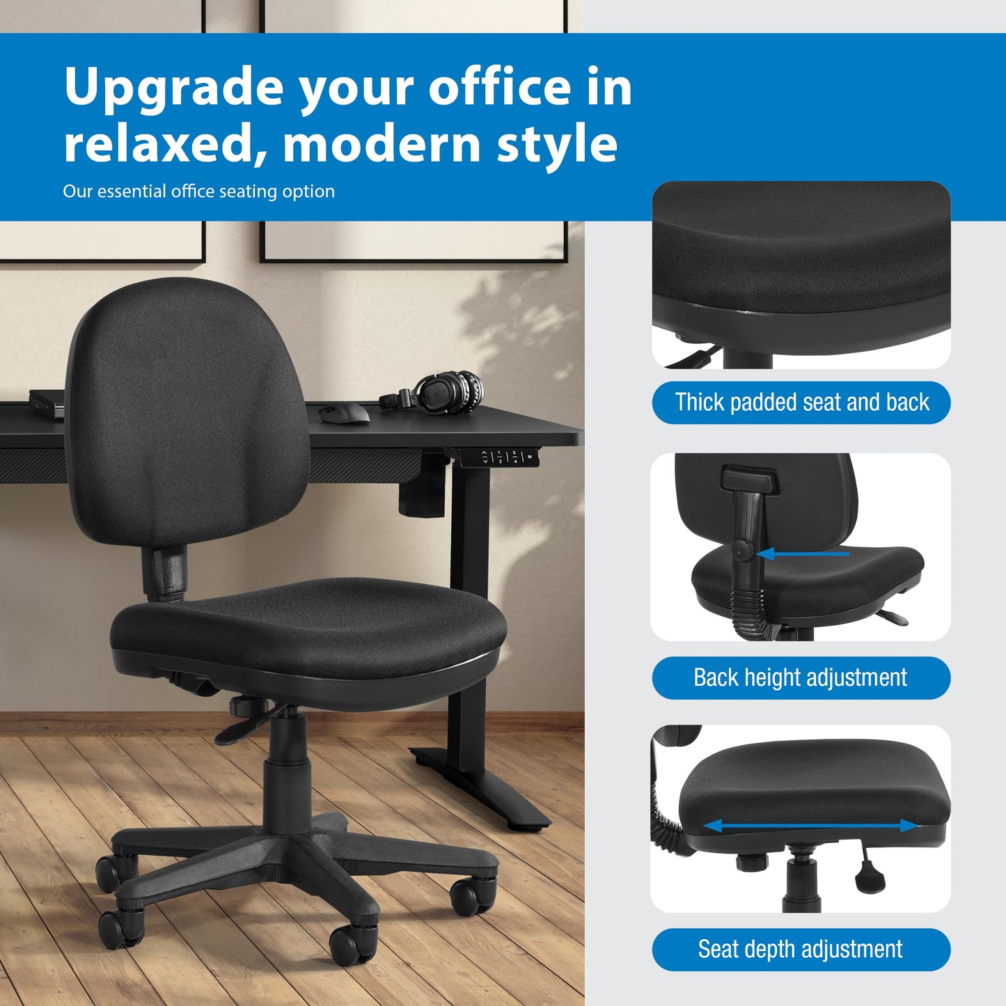 Office Star Pneumatic Sculptured Office Task Chair with Thick Padded Seat and Built-in Lumbar Support, Black