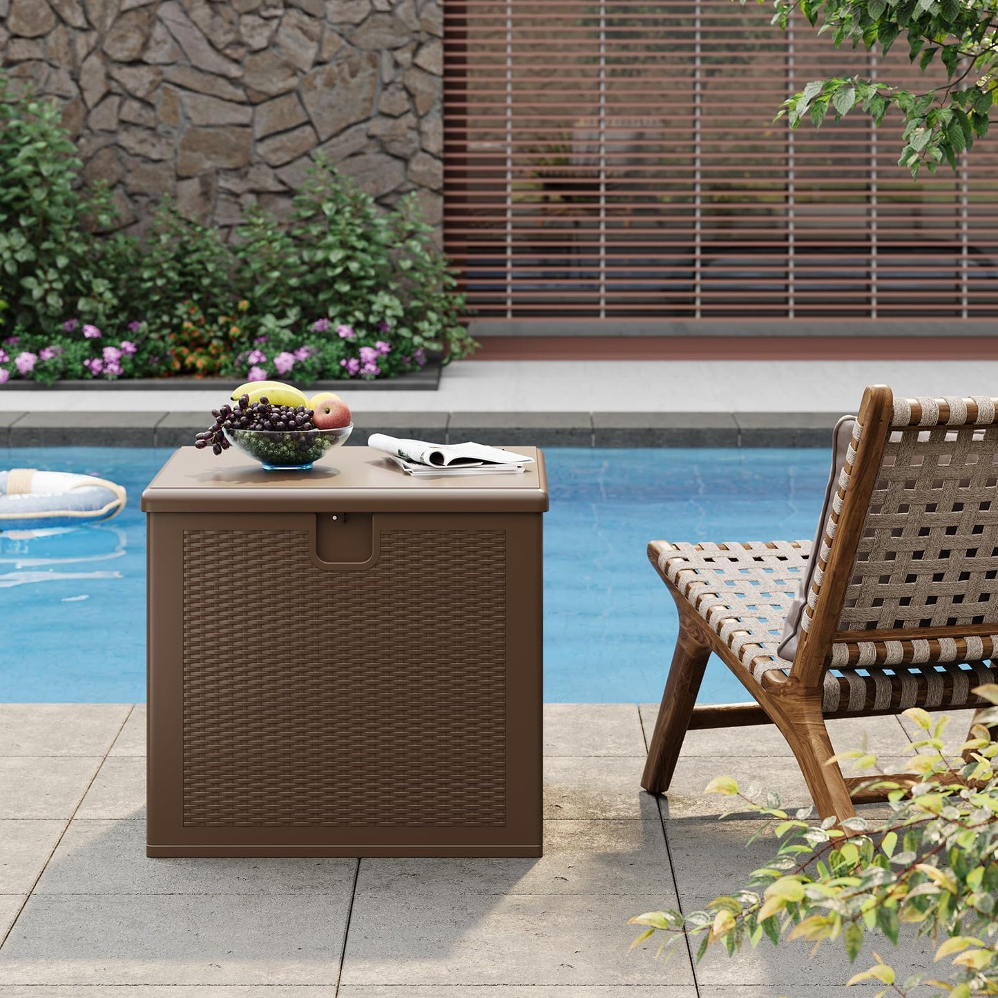 GarveeLife 80 Gallon Outdoor Storage Box, Large Resin Deck Box with Hydraulic Air Rod, Weatherproof & Lockable Outdoor Storage Bin for Patio Cushions, Garden Tools, Pool Supplies, Porch, Brown