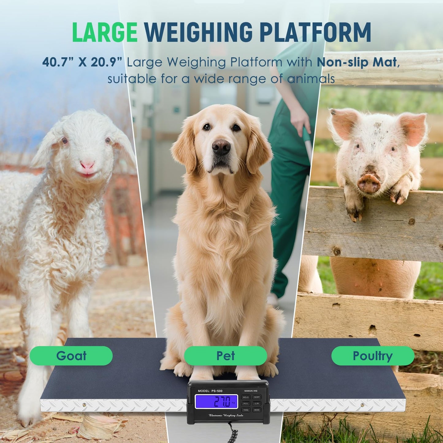 Antstone Dog Scale for Large Breed 1100lb X 0.2lb Livestock Scale for Pigs, Cattle with 40.7” X 20.9” Stainless Steel Weighing Platform