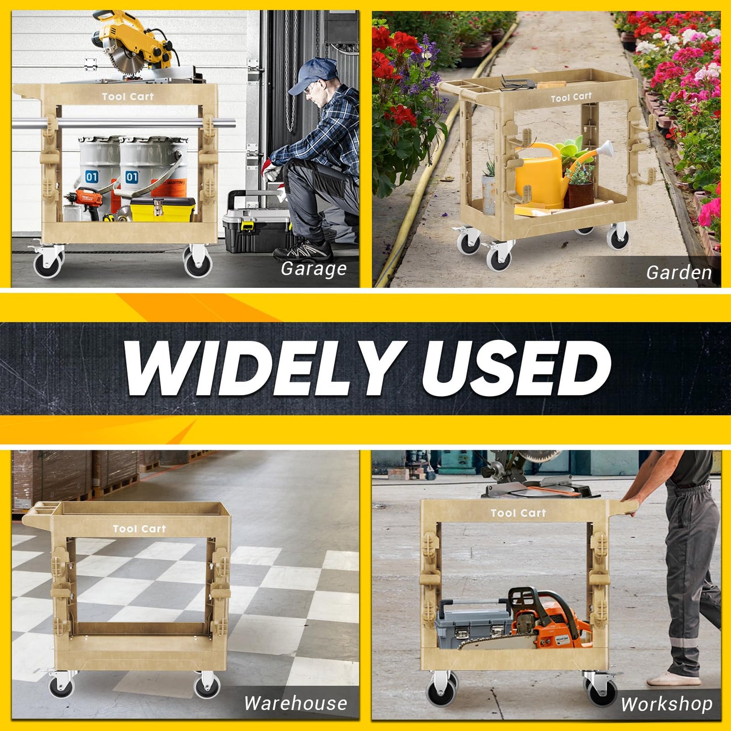 Utility Cart on Wheels, 850Lbs Heavy Duty Plastic Rolling Cart with Upgraded Side Tube Holder Hooks&Full Swivel Wheel, 34 x 17 Inch Deep Shelve 2 Tier Service Cart for Warehouse/Garage/Cleaning, Wood