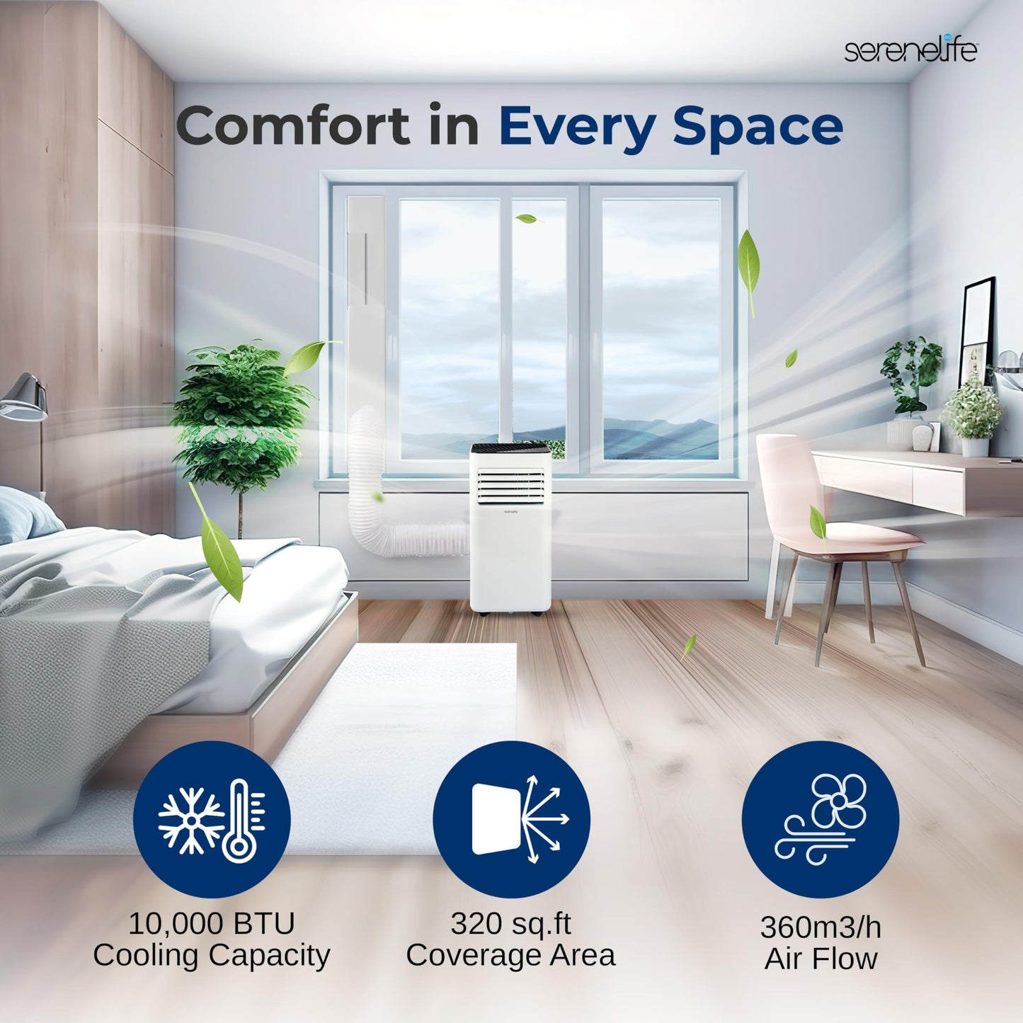 SereneLife 10000 BTU Portable Air Conditioner - Free-Standing A/C Unit w/Cooling, Dehumidifier & Fan, Energy Efficient, 320 Sq. Ft. Coverage, Includes Window Mount Kit & Wheels, 11x11x27 IN (White)